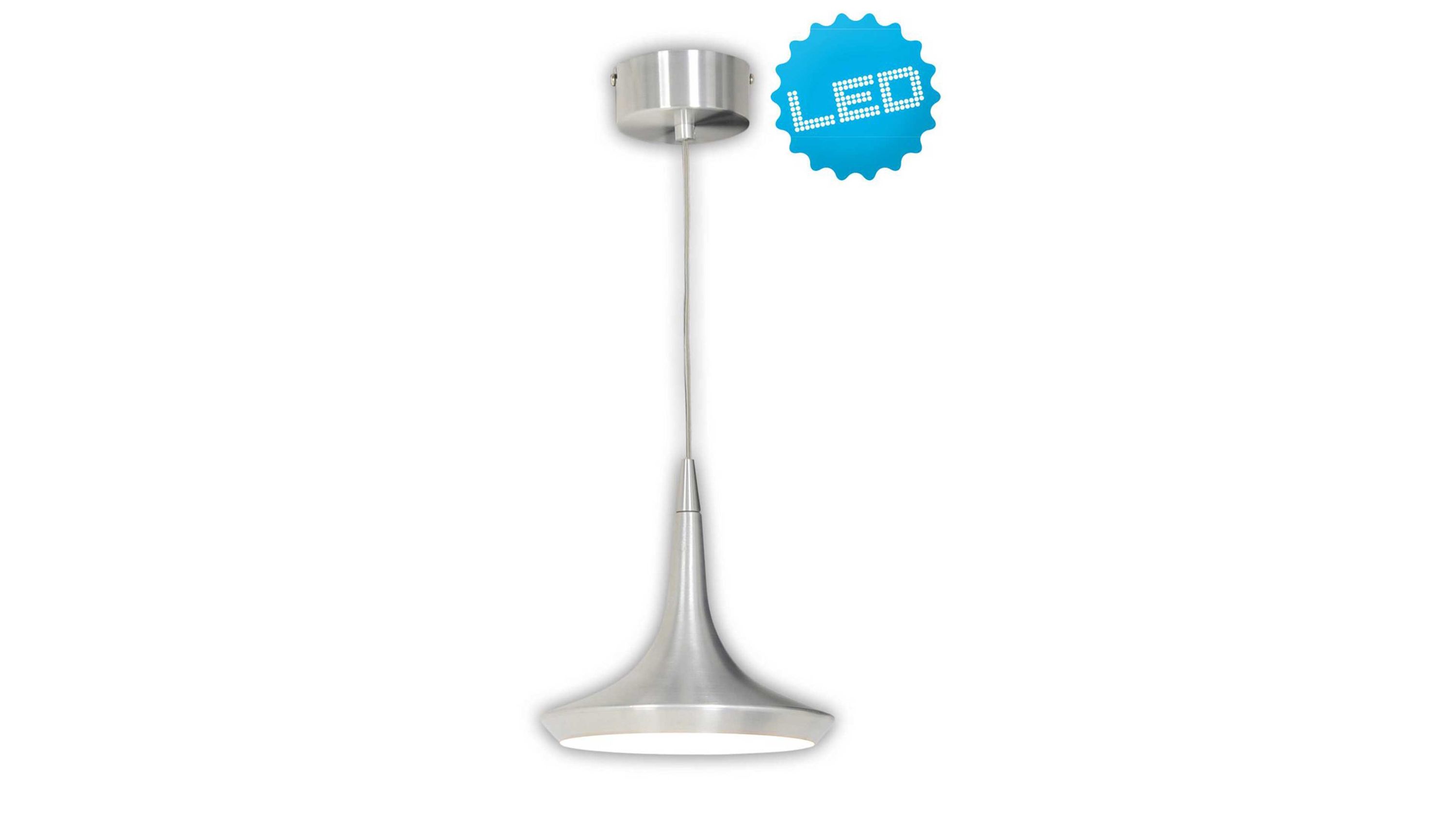 LED-Hängelampe mit trompetenförmigem Schirm in Silber Hängelampe mit schmalem trompetenförmigem Schirm in silberner Farbe
