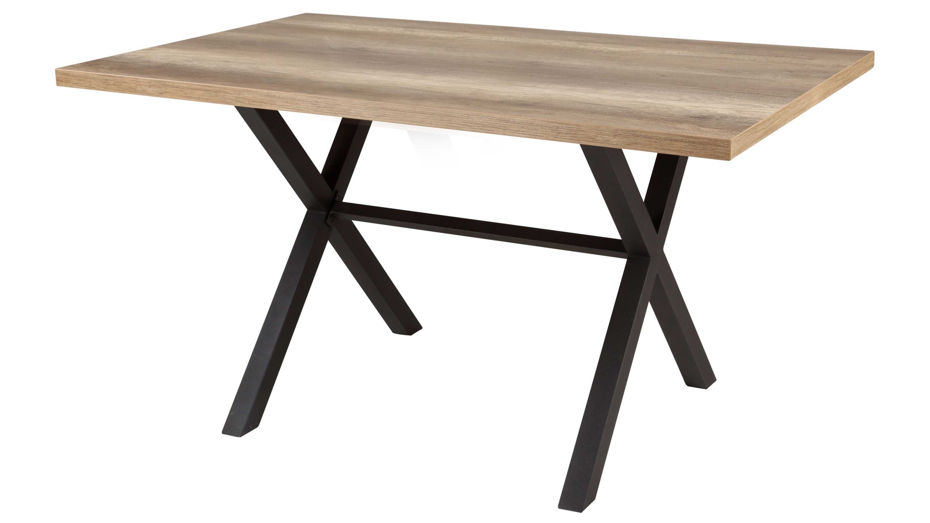 Esstisch mit Holzplatte und schwarzen Metallbeinen Rechteckiger Esstisch mit hellbrauner Holzplatte und schwarzen X-förmigen Beinen