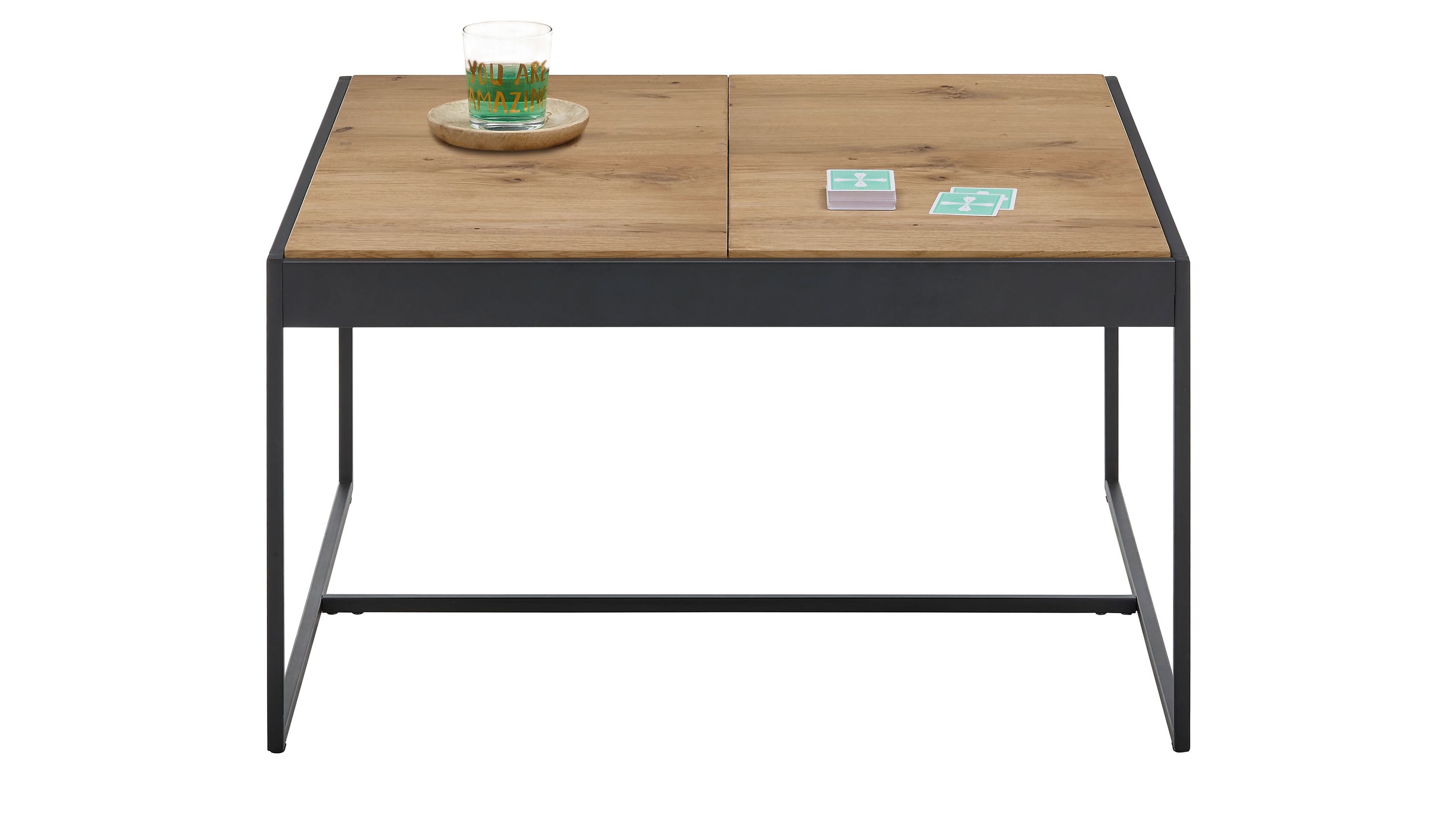 Quadratischer Couchtisch mit hellbrauner Holzplatte und schwarzem Metallgestell