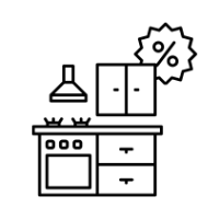 Icon mit Lupe und Küche als Symbol für Küchentester-Aktion. Icon mit Lupe und Küche als Symbol für Küchentester-Aktion.