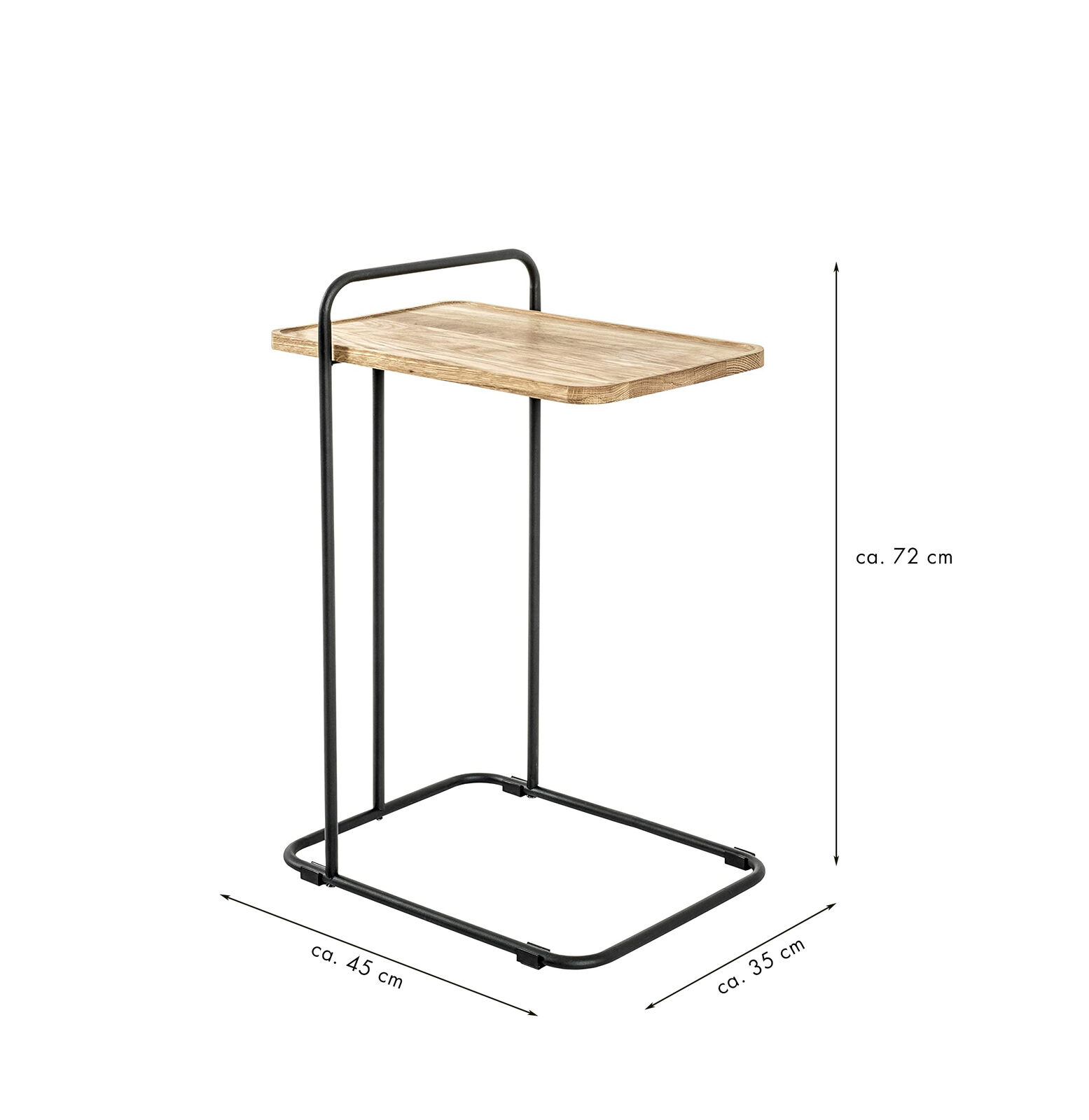 Maßangaben des C-förmigen Beistelltisch aus schwarzem Stahl und Eichenholz  Maße 40×30×65?cm  freistehend dargestellt