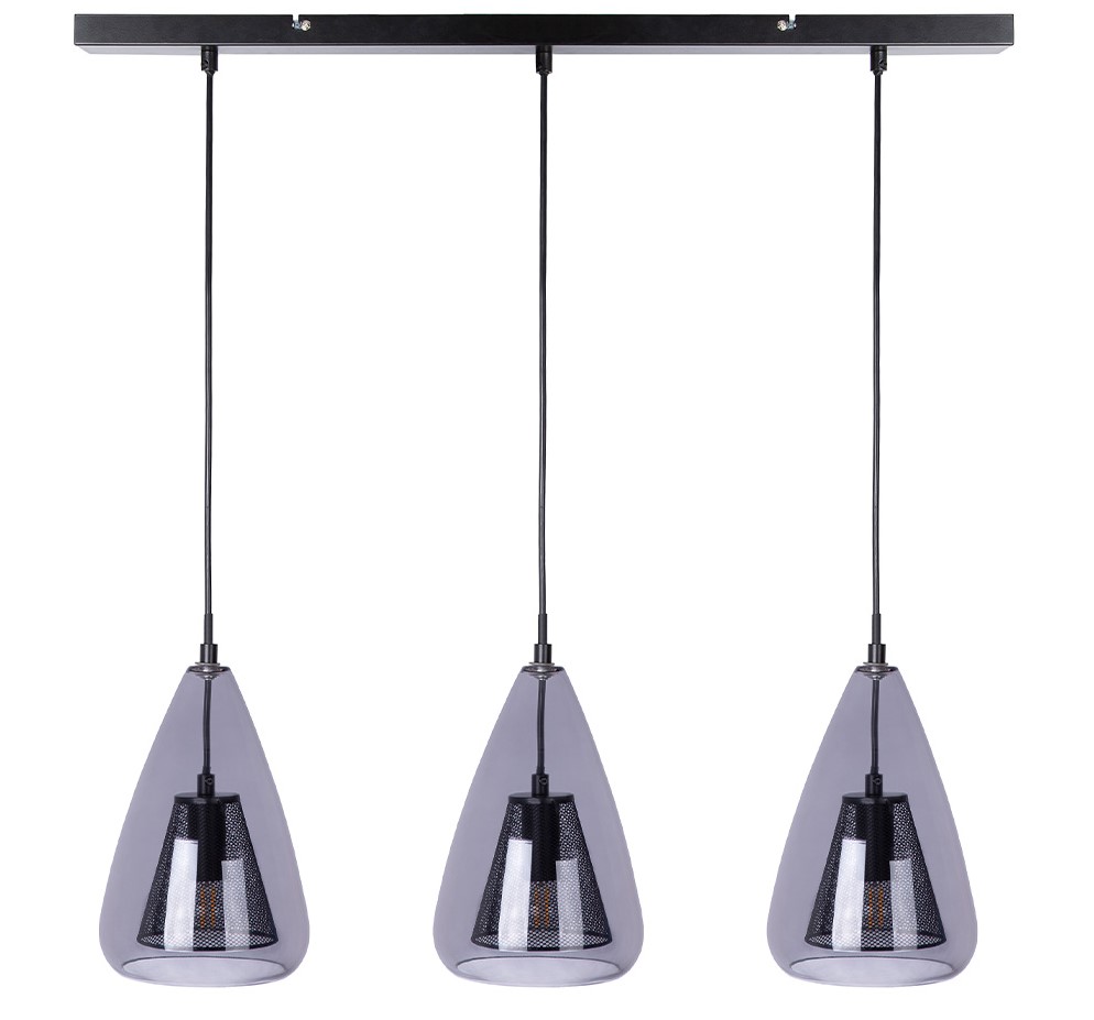 Dreifach-Pendelleuchte mit Glasdesign Frontalansicht von drei Hängelampen mit schwarzen Kabeln und tropfenförmigen Glasschirmen an rechteckiger Deckenhalterung.