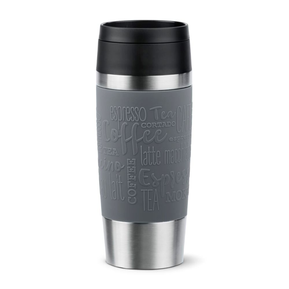 Grauer Thermobecher mit Kaffeeprägung, Becher mit Edelstahl und schwarzem Deckel Grauer Thermobecher mit Edelstahlrand, Prägung mit Kaffeeworten und schwarzem Deckel, freigestellt
