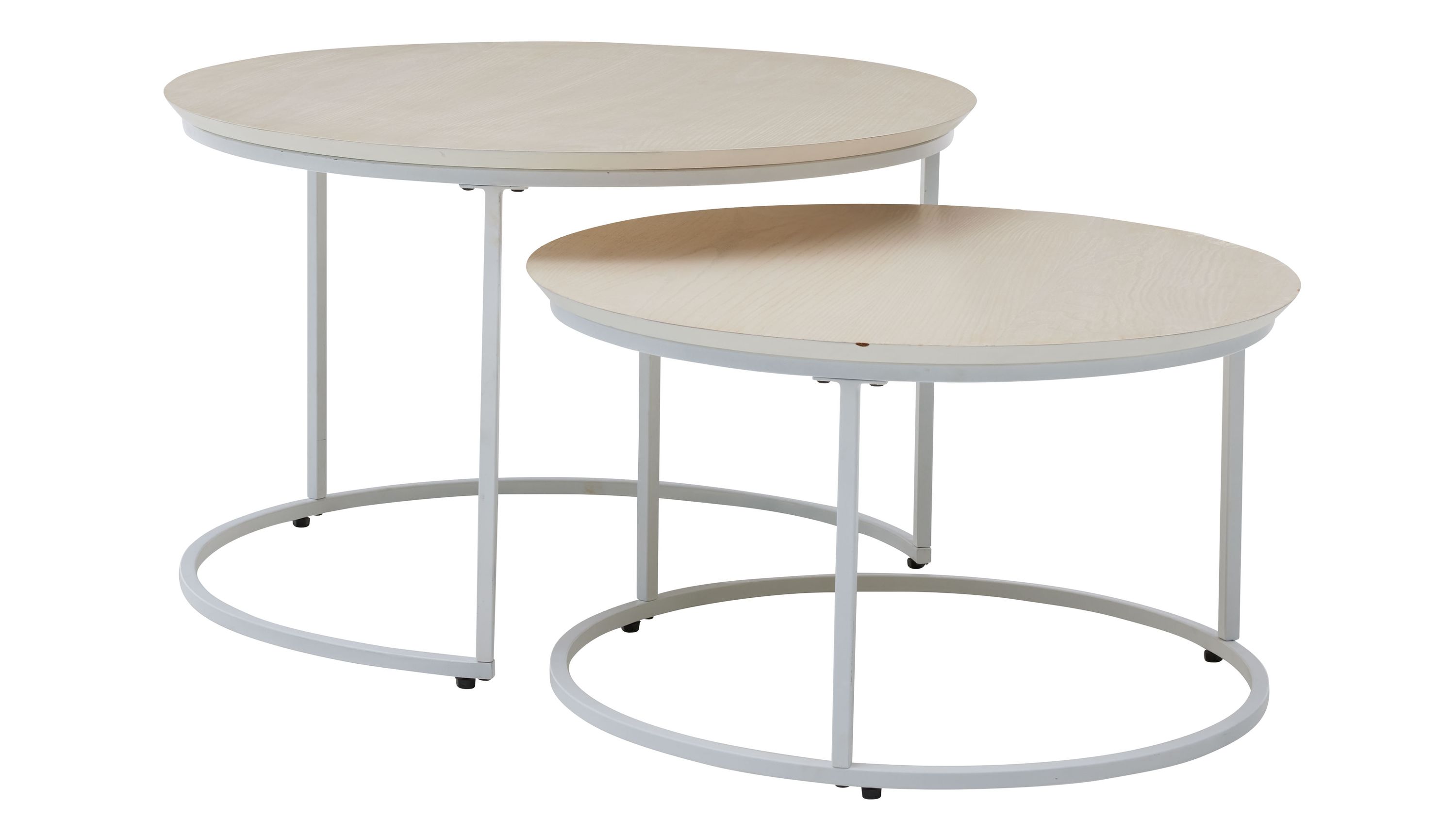 Zweiteiliges Couchtisch-Set mit zwei runden weißen Tischplatten und weißen Metallgestellen