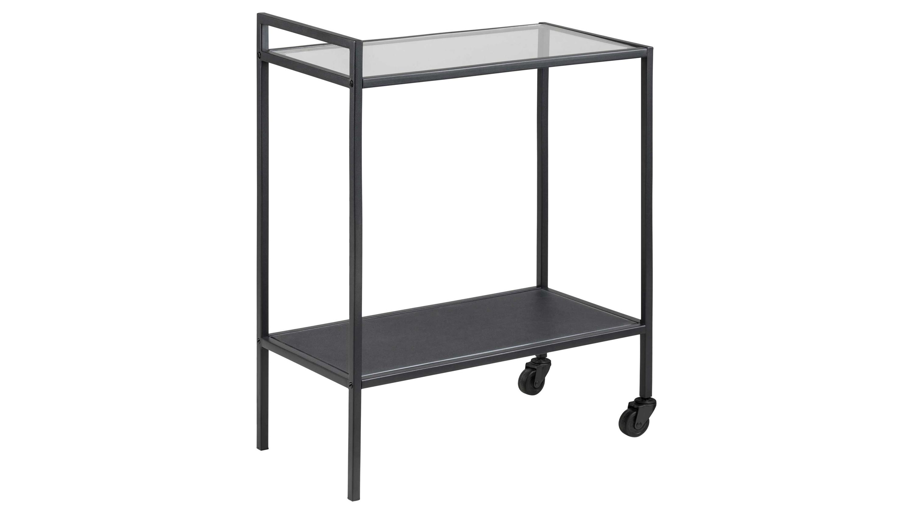 Servierwagen mit rechteckigem Metallrahmen zwei Ablagen obere aus Glas untere aus Metall zwei Rollen