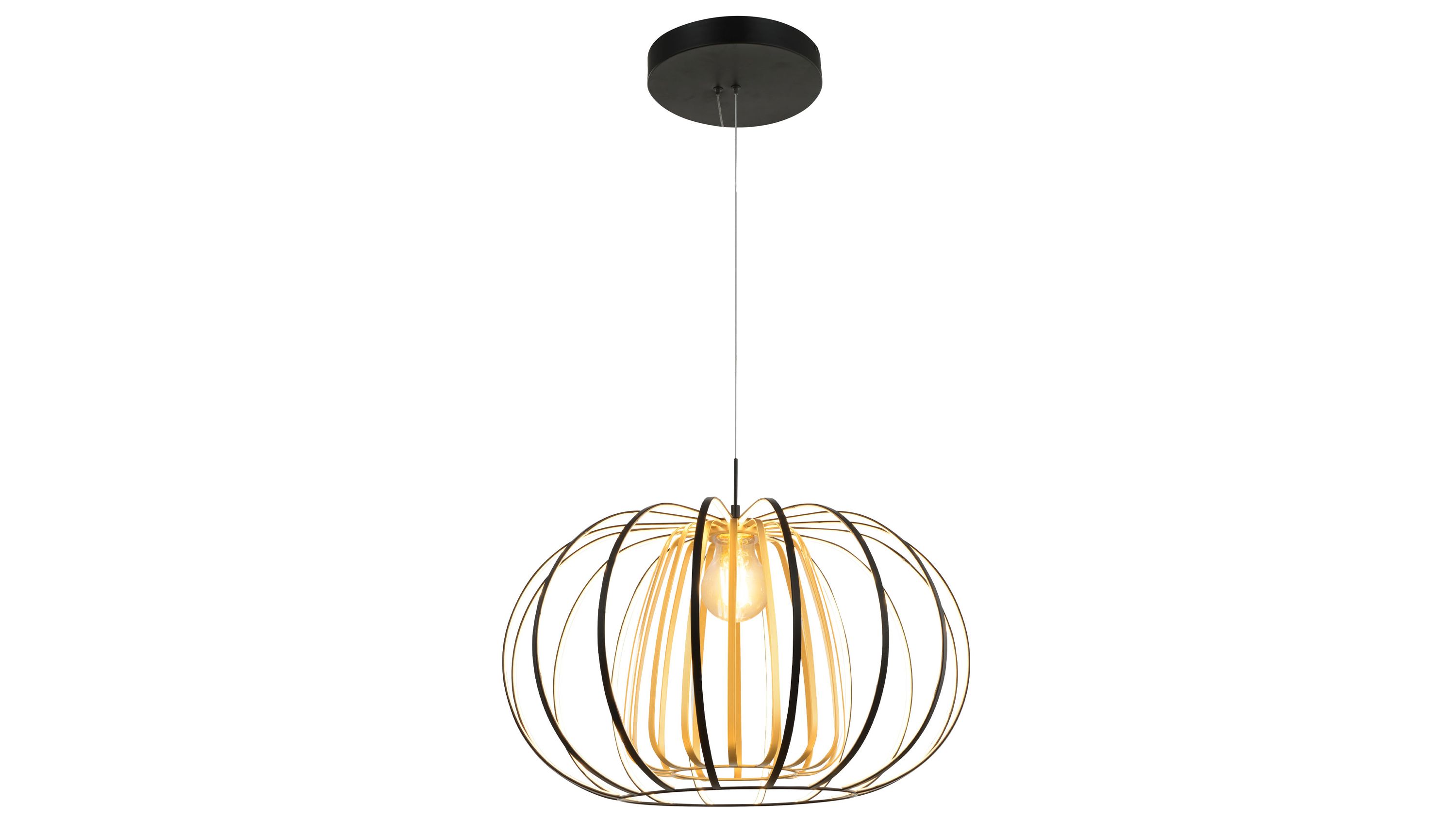 Runde Hängelampe mit Metallringen in Schwarz und Gold Runde Hängelampe mit schwarzen und goldfarbenen Metallringen und sichtbarer Glühbirne