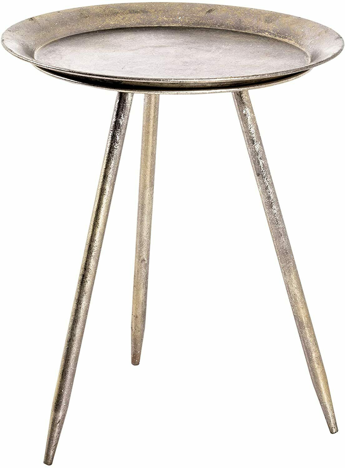 Runder Metalltisch mit drei konisch zulaufenden Beinen, minimalistisch gestaltet, frontal auf hellem Hintergrund fotografiert.