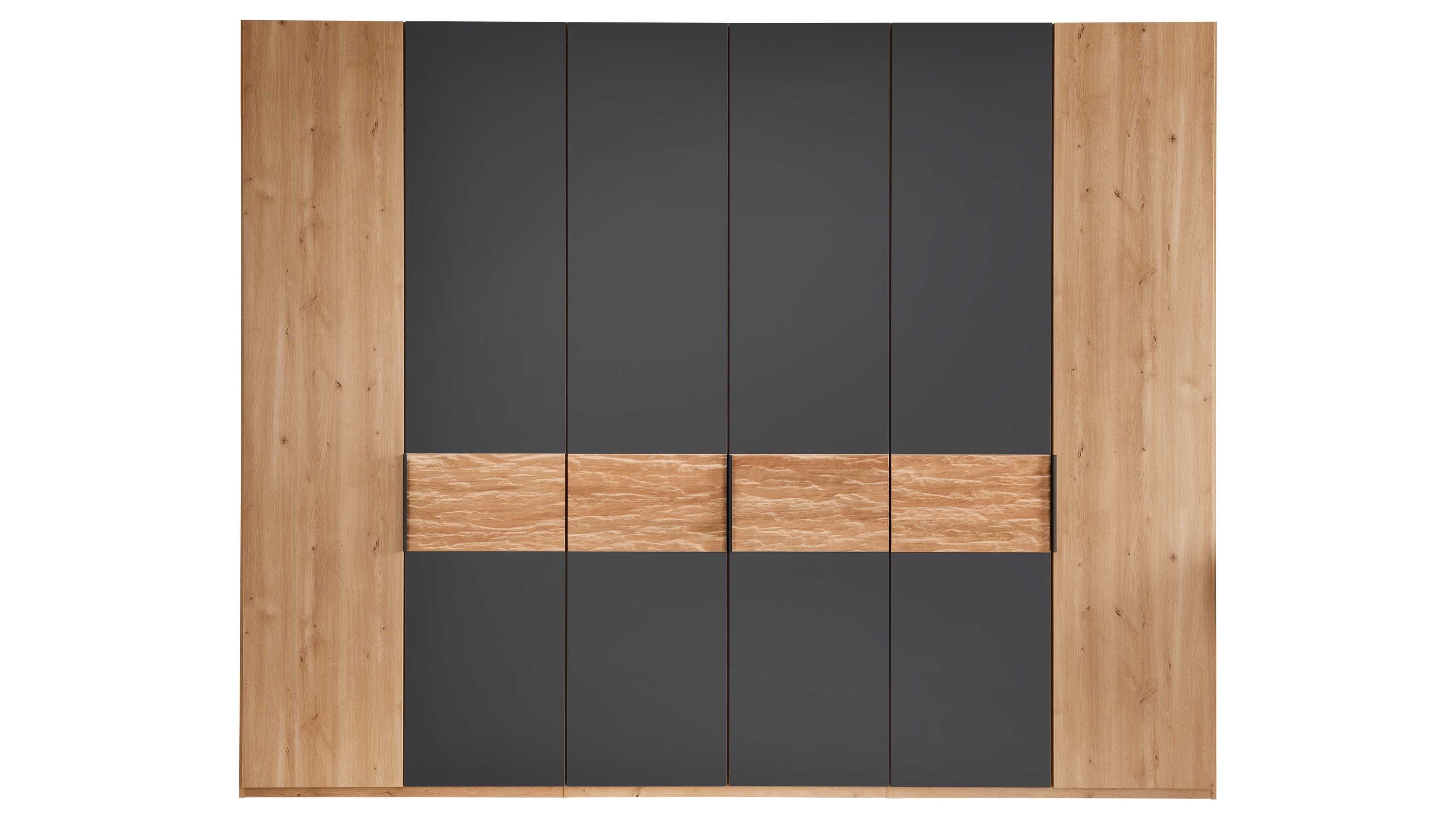 Kleiderschrank mit sechs Türen in dunklem Grau und hellen Holzpaneelen in der Mitte und an den Seiten