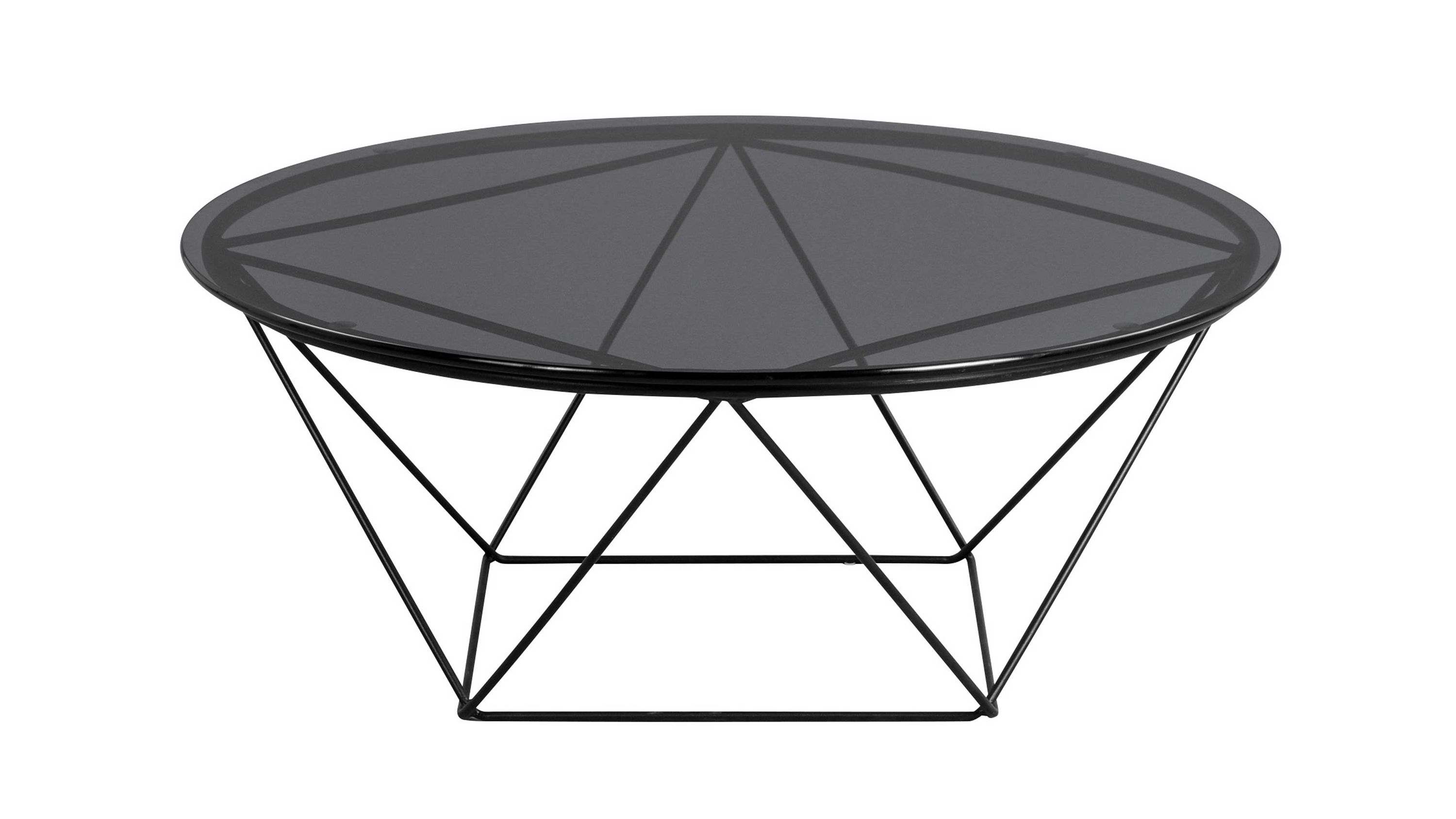 Runder Couchtisch mit grauer Tischplatte und schwarzem Metallgestell in geometrischem Design