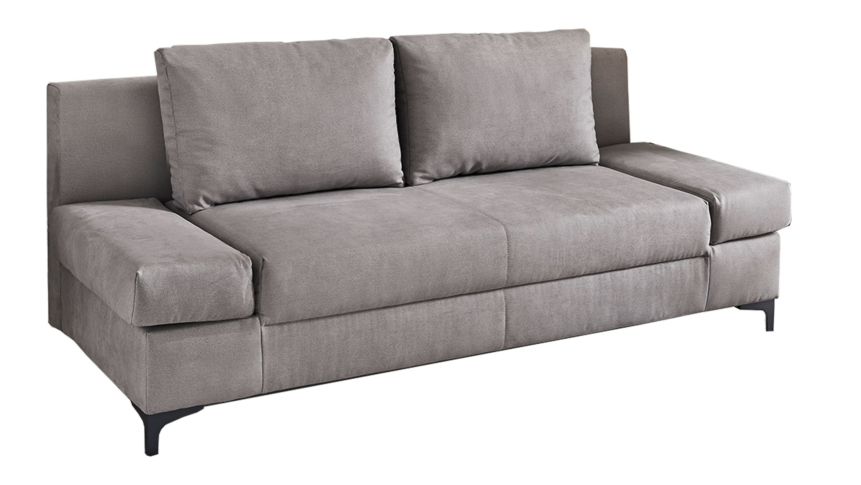 Hellgraues Schlafsofa mit zwei Rückenpolstern und breiten Armlehnen auf schwarzen Beinen