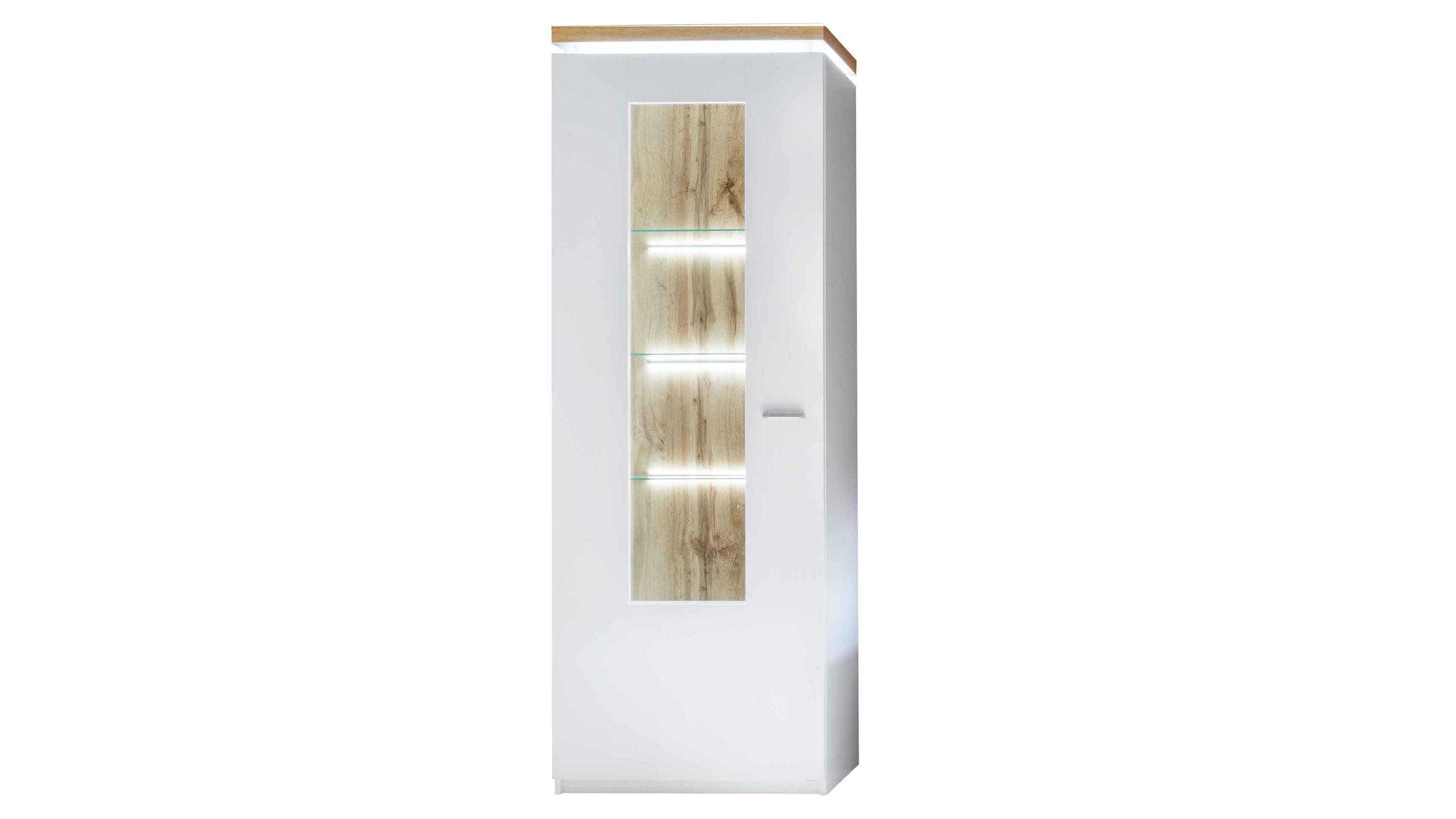 Weiße Vitrine mit Glaseinsatz und Holznachbildung Weiße Vitrine mit einer Tür und Glaseinsatz Innenrückwand in heller Holznachbildung mit Beleuchtung