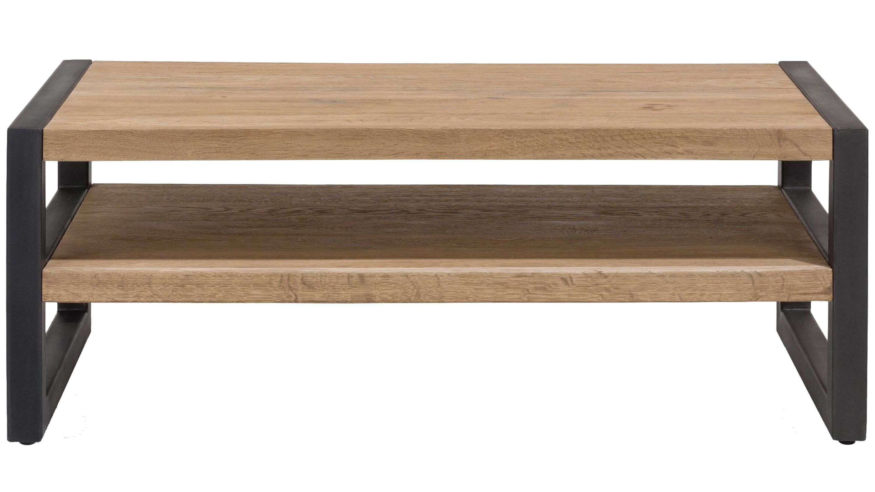 Rechteckiger Couchtisch mit zwei braunen Holzplatten und schwarzen Metallbeinen