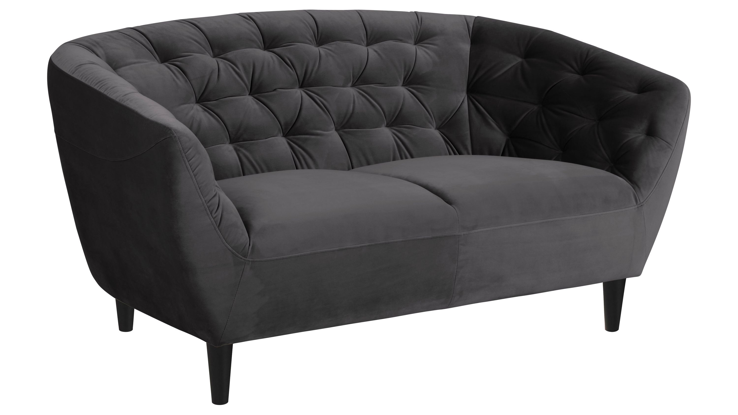 Zweisitzer-Sofa mit Samtbezug und Holzfüßen Zweisitzer-Sofa mit dunkelgrauem Samtbezug und schwarzen Holzfüßen gepolsterte Rückenlehne mit Steppnähten