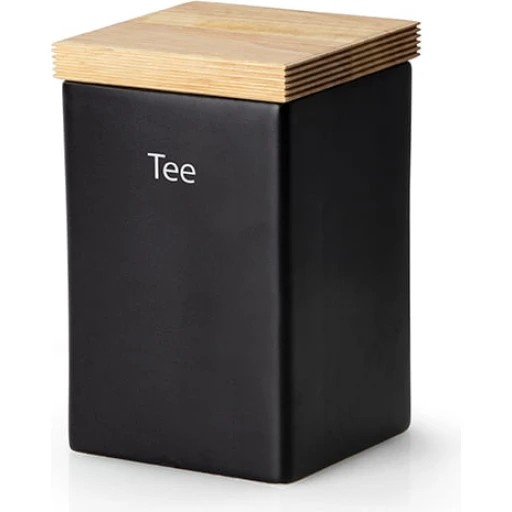 Schwarze Teedose mit Holzdeckel Schwarze, eckige Vorratsdose mit der Aufschrift „Tee“ und einem flachen Holzdeckel, leicht schräg von vorn fotografiert