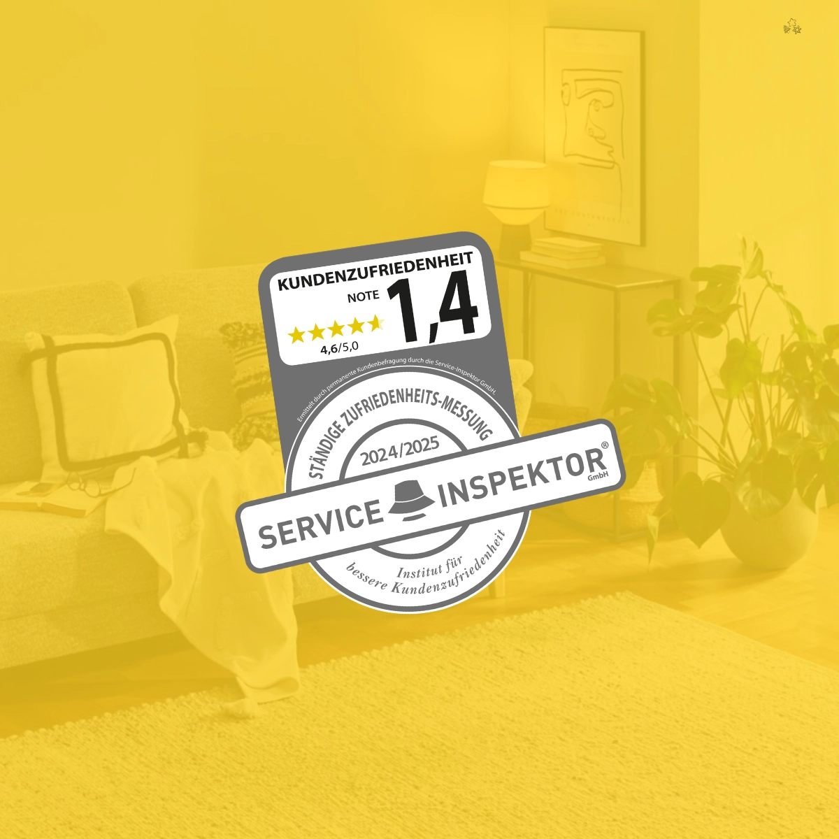 Auszeichnung von Service-Inspektor mit der Note 1,4 auf gelbem Hintergrund