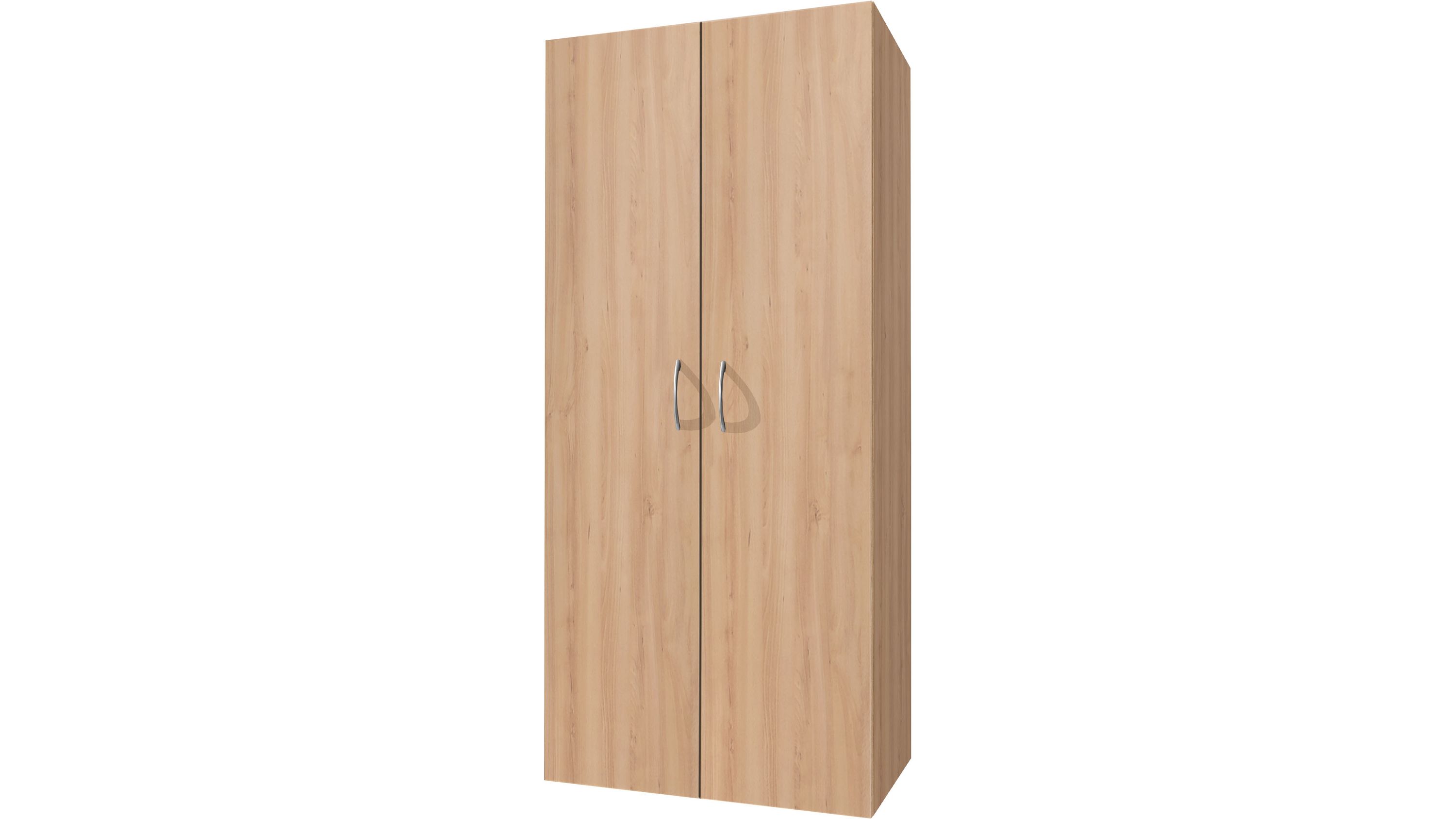 Zweiflügeliger Schrank mit edelbuchefarbener Oberfläche und zwei silbernen Griffen