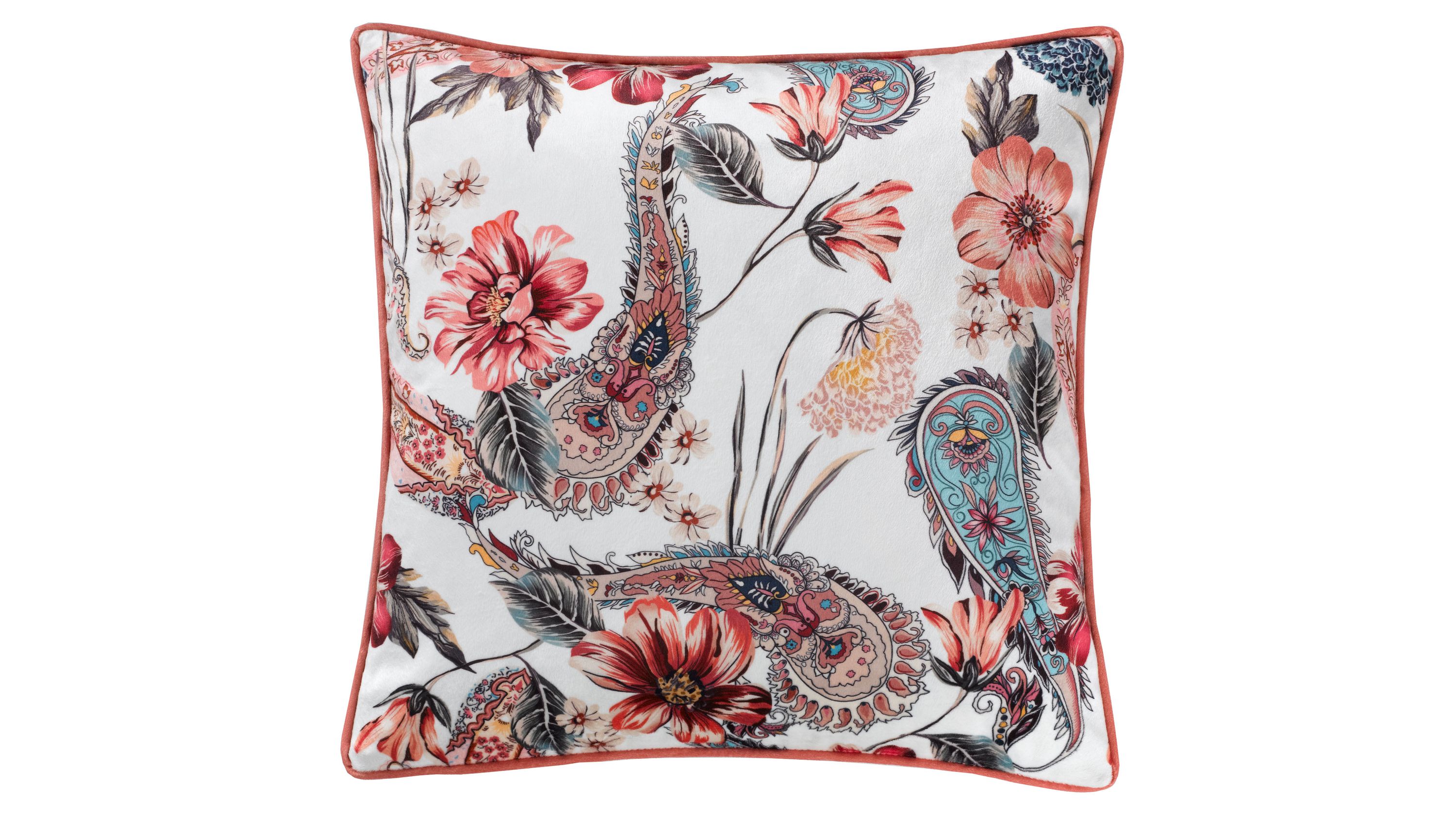 Quadratische Kissenhülle mit floralem und Paisley-Muster in Rot Blau und Grau auf weißem Hintergrund