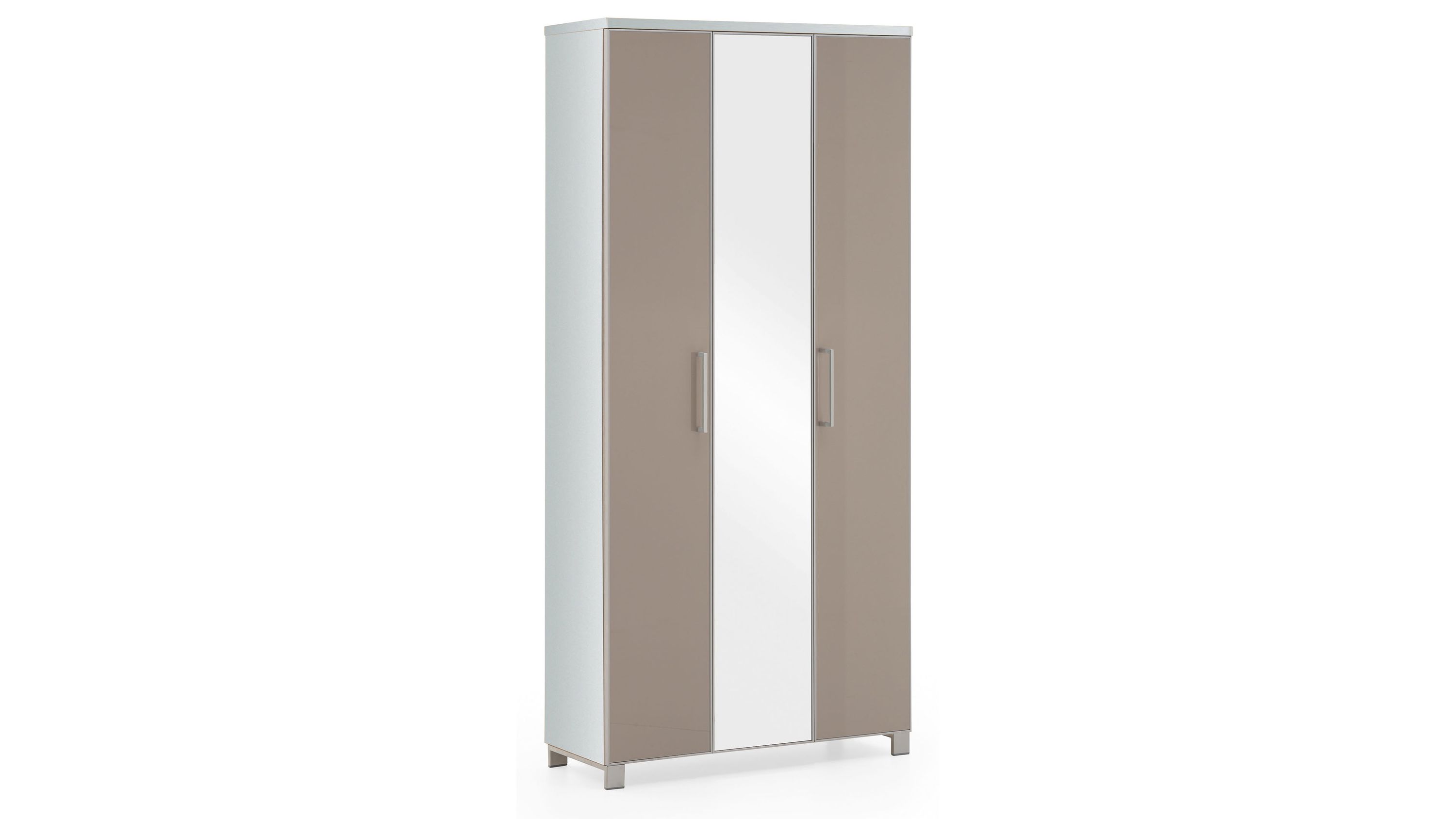 Garderobenschrank mit drei Türen und Spiegel in Weiß und Taupe Garderobenschrank mit drei Türen weißer Korpus zwei taupefarbene Türen und eine mittlere Tür mit Spiegel