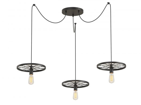 Dreiflammige Pendelleuchte mit Metallrahmen Pendelleuchte mit drei sichtbaren Glühbirnen und schwarzem Metallrahmen, hängend an runder Deckenhalterung
