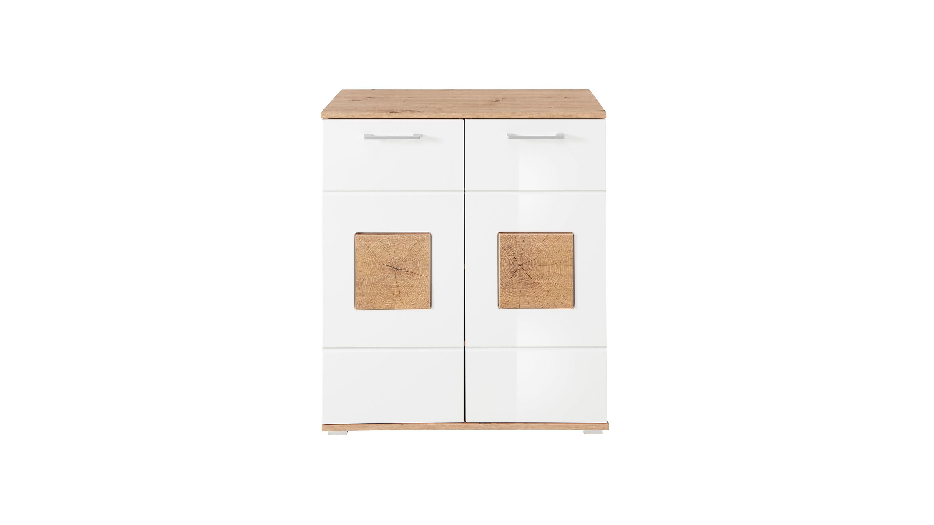 Schuhschrank mit zwei weißen Türen und quadratischen Holzelementen in der Mitte Holzplatte oben