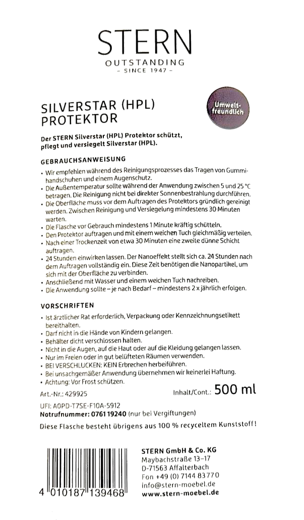 Etikett Rückseite Stern Protektor Silverstar Flasche mit Anwendungshinweisen Inhaltsstoffen Barcode weißer Hintergrund