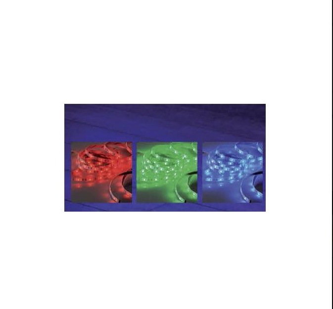 Drei LED-Strip-Abschnitte in Rot Grün und Blau leuchtend frontal vor dunklem Hintergrund Farben leuchten intensiv