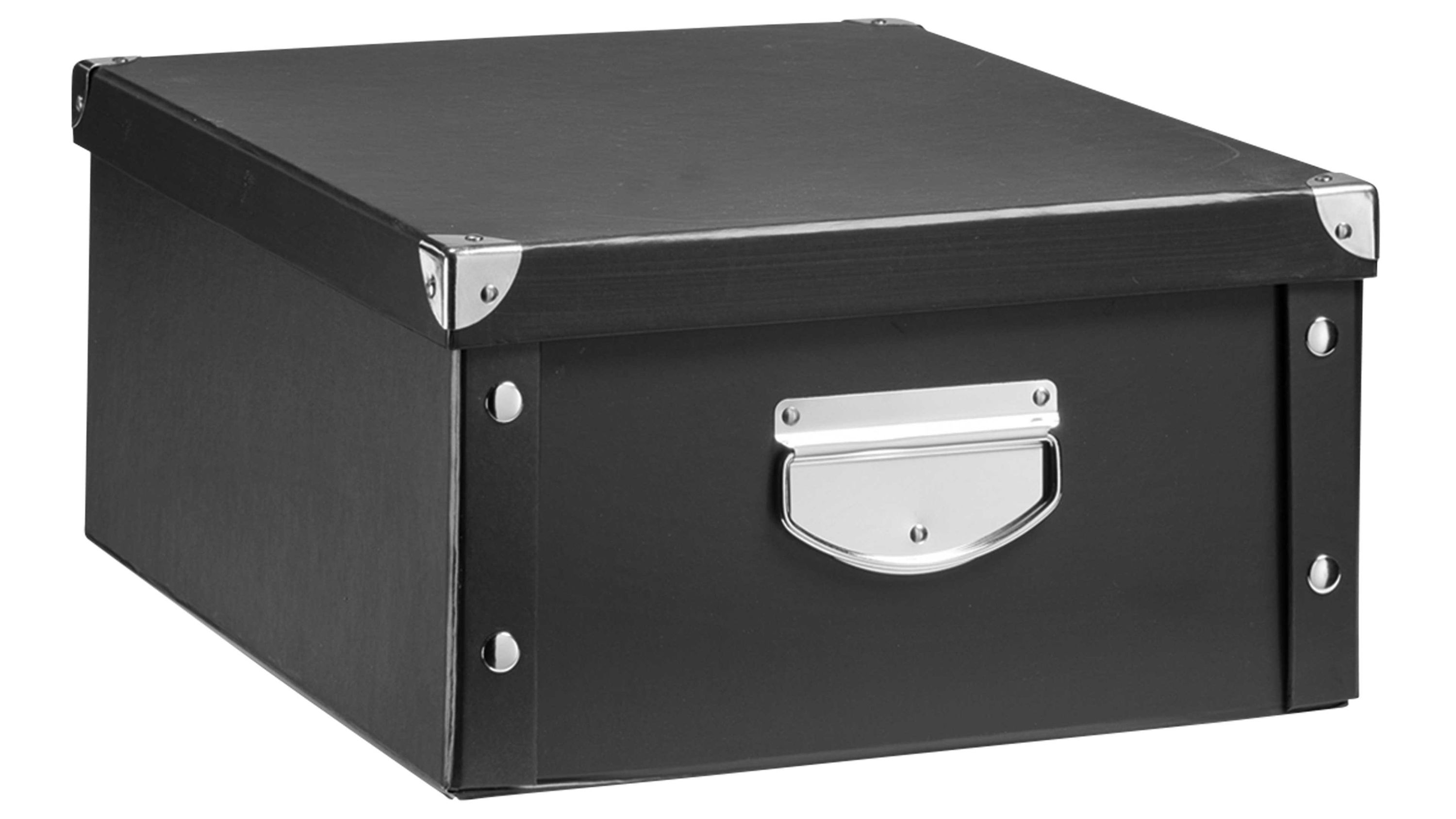 Schwarze quadratische Aufbewahrungsbox mit Metallgriffen und verstärkten Ecken