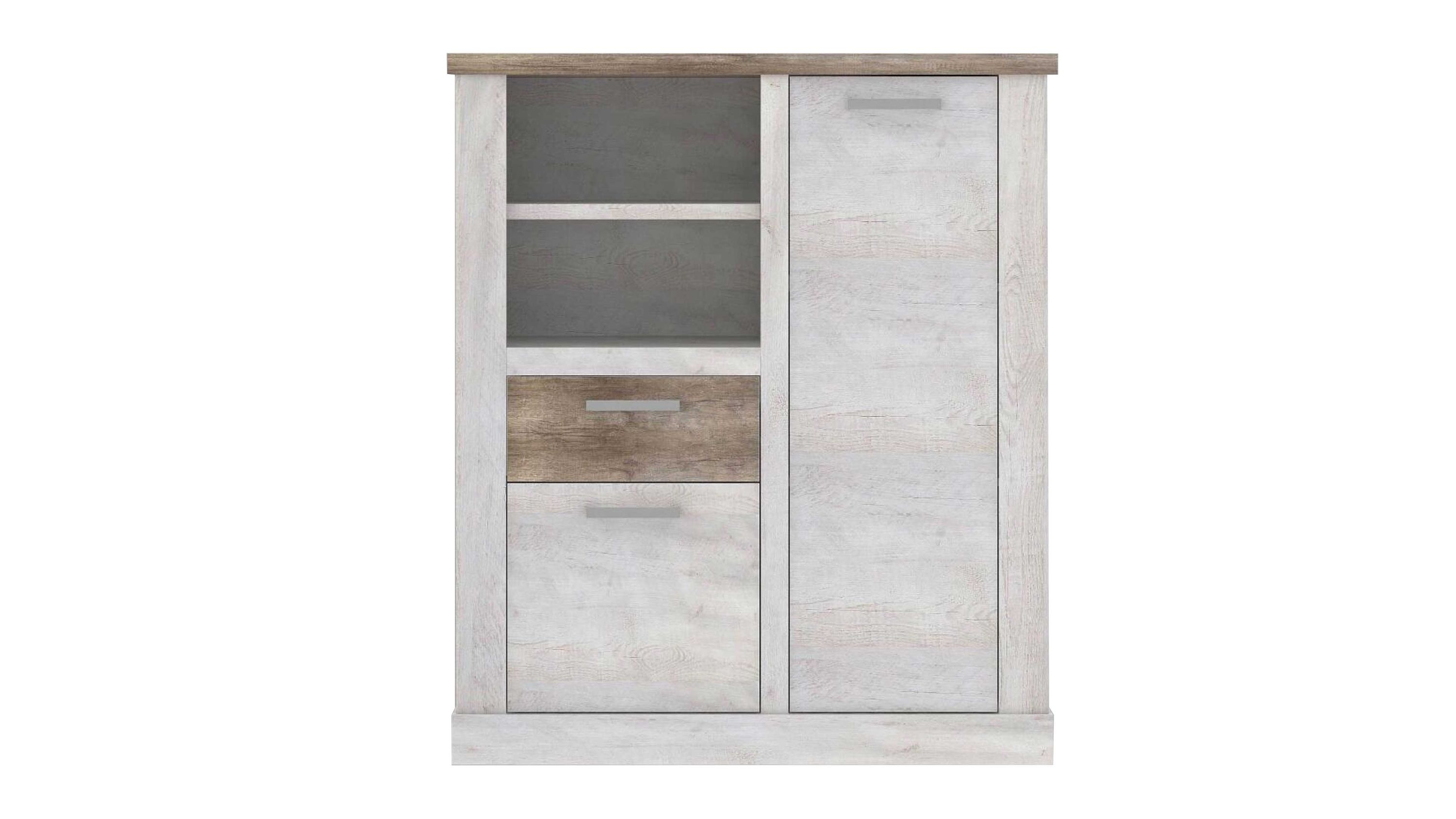 Hochschrank mit zwei Türen einer Schublade und offenen Fächern in weiß und braun