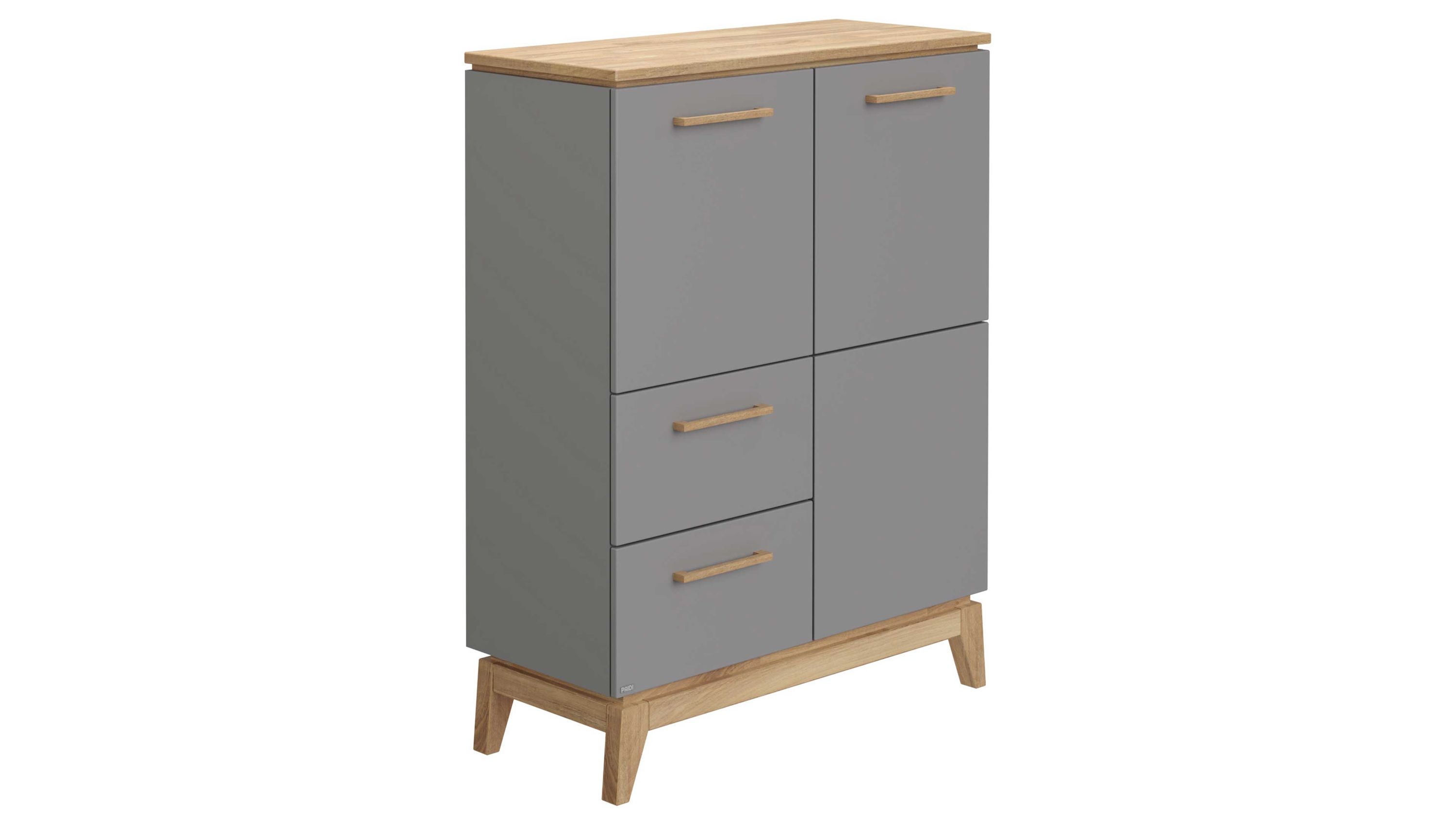 Highboard mit zwei Türen und zwei Schubladen in Grau und Holzoptik Hochkommode mit zwei grauen Türen und zwei grauen Schubladen Holzgriffe und Holzplatte oben