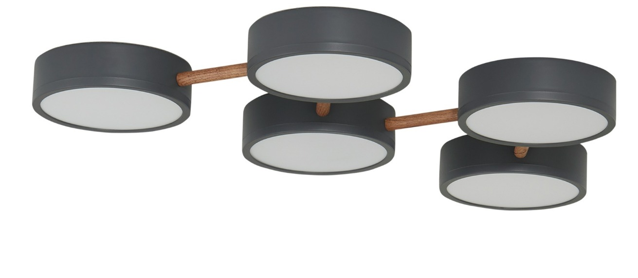 Design-Deckenleuchte mit fünf überlappenden LED-Ringen in Grau Fünfflammige LED-Deckenleuchte mit überlappenden Leuchtringen aus grauem Kunststoff und Metall schräg freigestellt