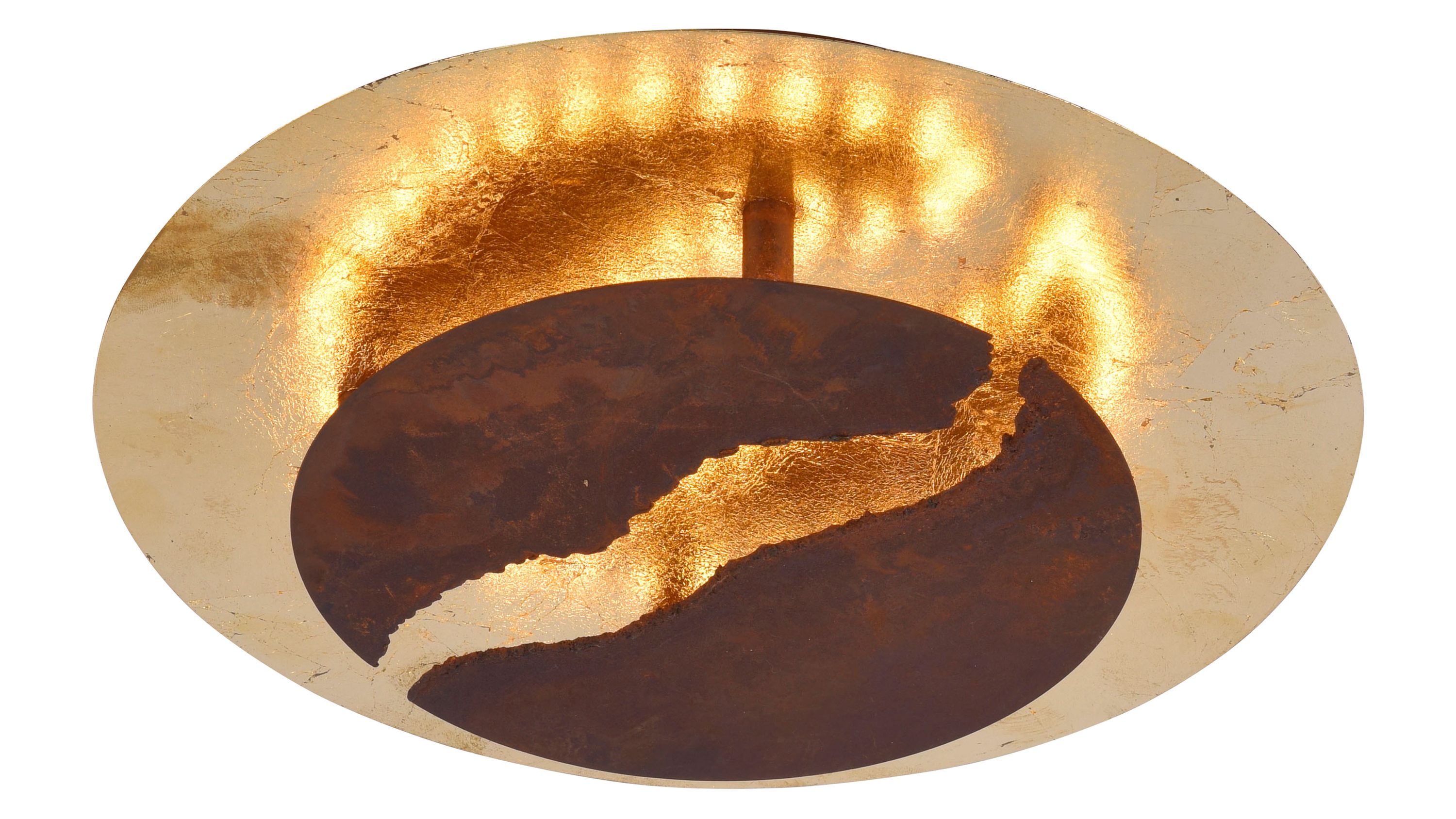 Runde Deckenlampe mit rostfarbenem und goldfarbenem Metall unregelmäßige Form in der Mitte