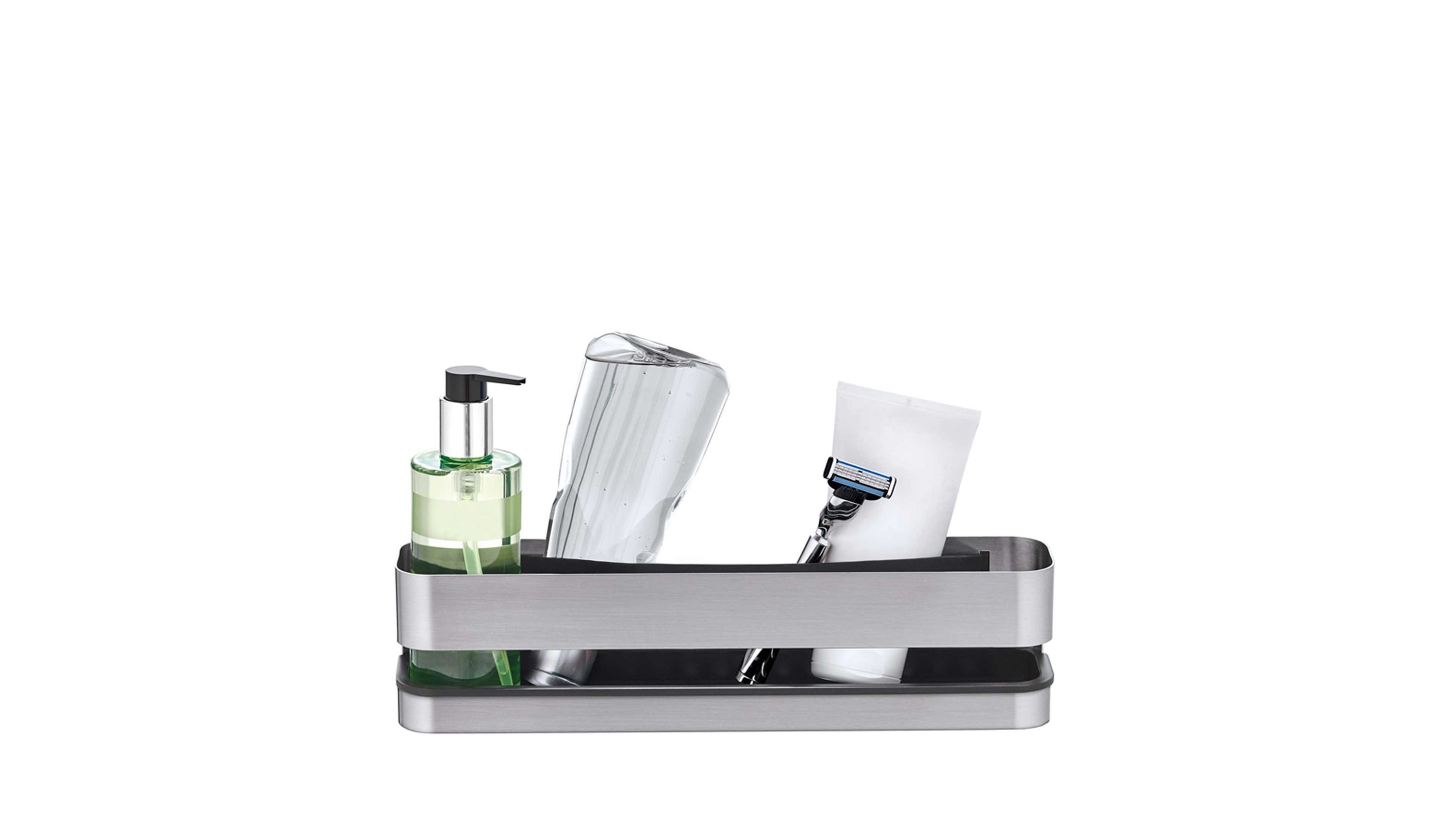 Rechteckiger Duschkorb mit mattem Metallrahmen Rechteckiger Duschkorb mit mattem Metallrahmen und schwarzem Boden mit Seifenspender Haarbürste Rasierer und Tube