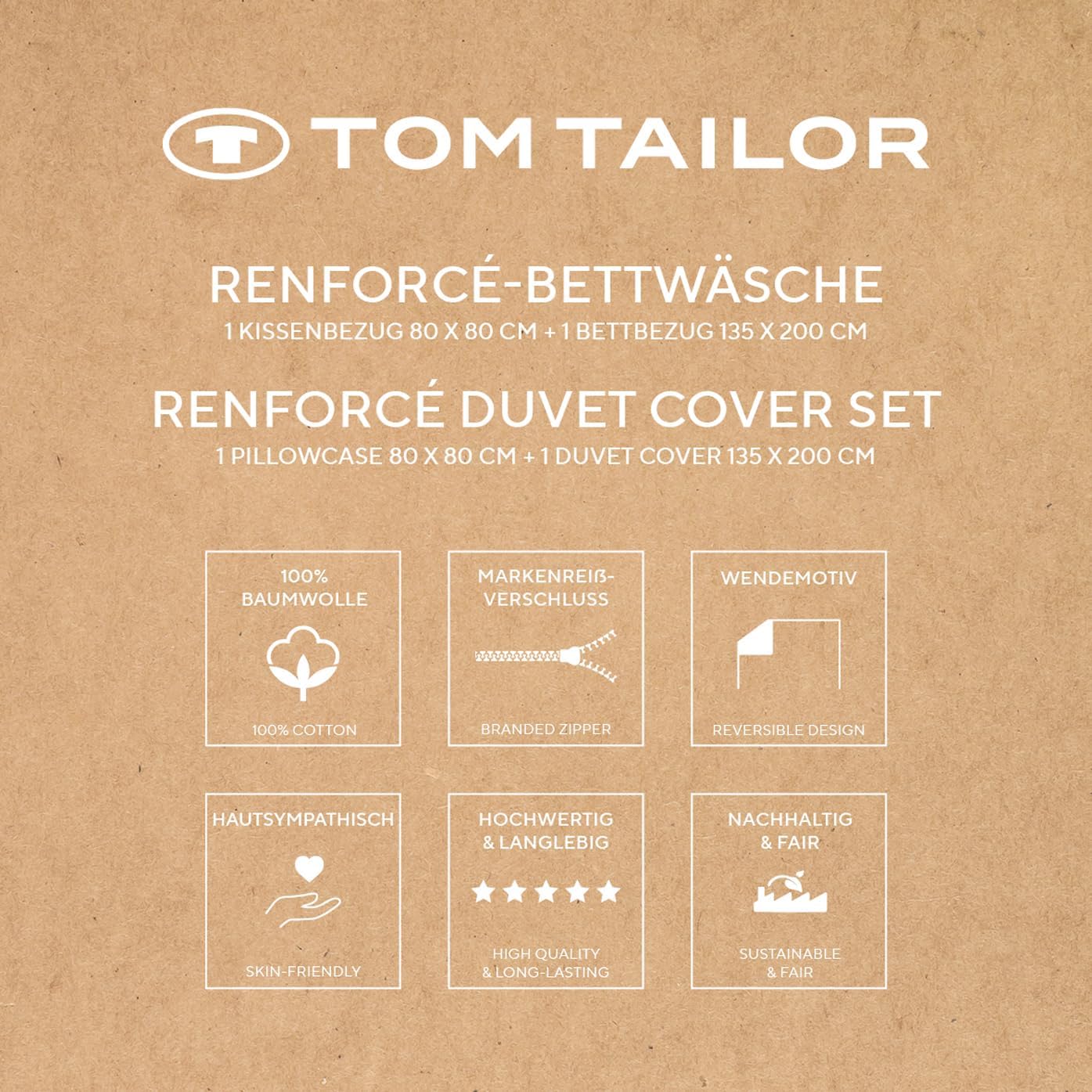 Verpackung Tom Tailor Renforce-Bettwäsche mit zweisprachiger Bezeichnung & sechs Symbolen zu Pflegehinweisen & Eigenschaften