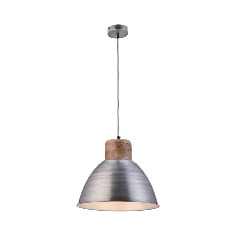 Moderne Pendelleuchte mit Holzdetail Moderne Pendelleuchte mit metallischem Schirm und Holzdetail, hängt an einem Kabel von der Decke