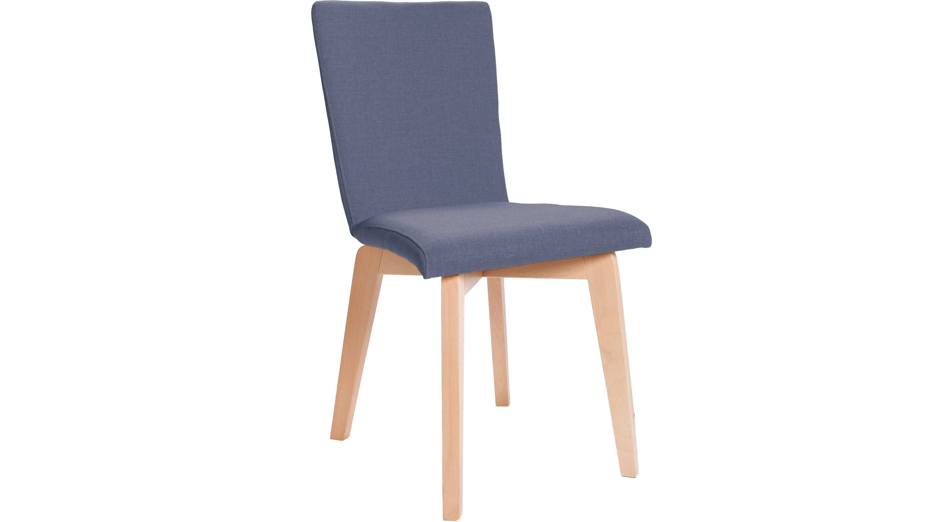 Polsterstuhl mit jeansblauem Bezug und Holzgestell Polsterstuhl mit jeansblauem Bezug und hellem Holzgestell mit vier Beinen