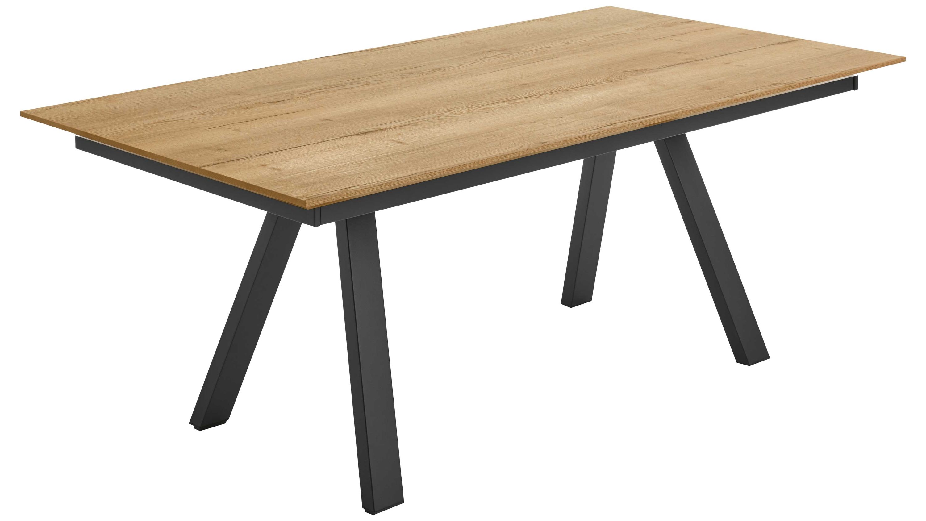 Esstisch mit Holzplatte und Metallbeinen Rechteckiger Esstisch mit hellbrauner Holzplatte und vier schwarzen Metallbeinen