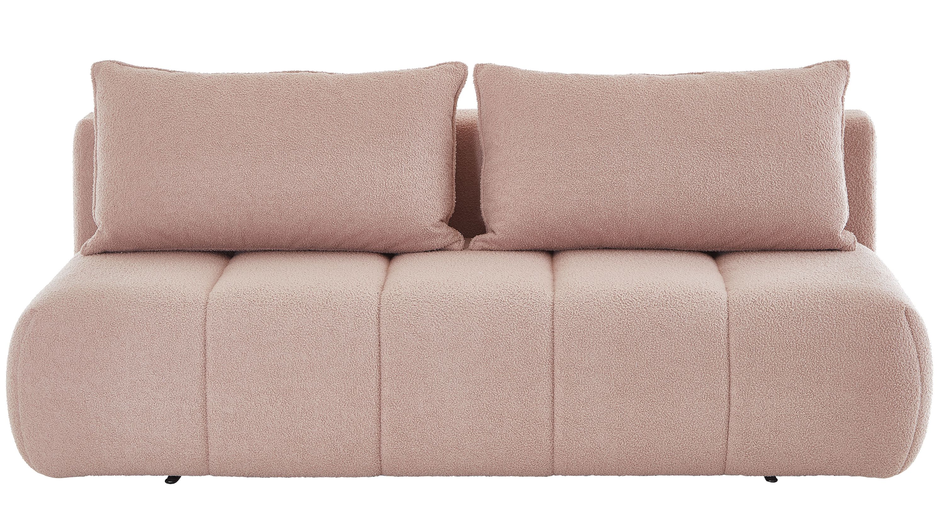 Schlafsofa mit rosafarbenem Bezug und zwei großen Kissen