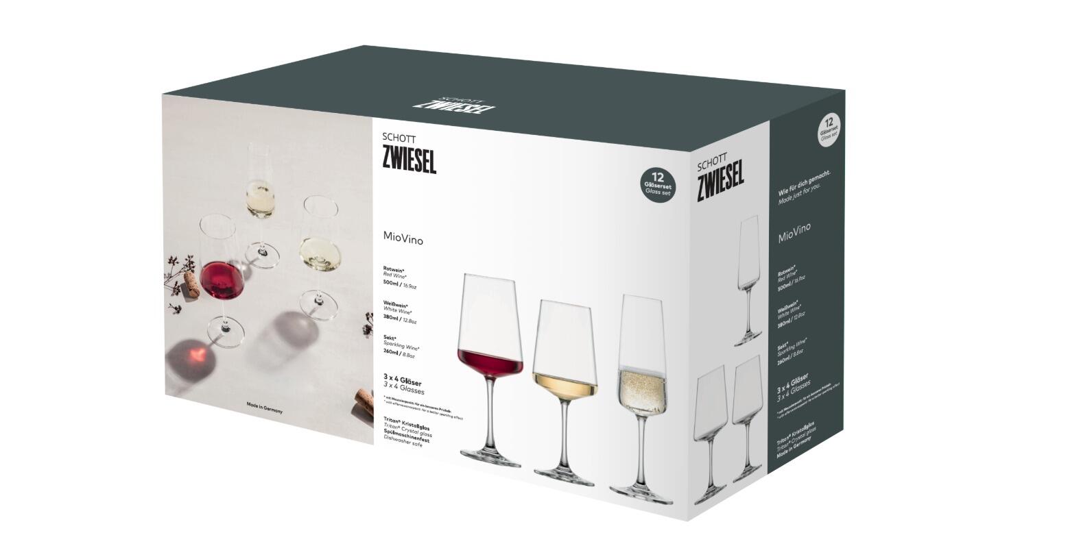 Schott Zwiesel Glas-Set MioVino, Durchmesser: ca. 8,55 cm, 8 cm, 7,4 cm, 3 x 4 Gläser-Set, 12-teilig, Kristallglas, Spülmaschinenfest & langlebig