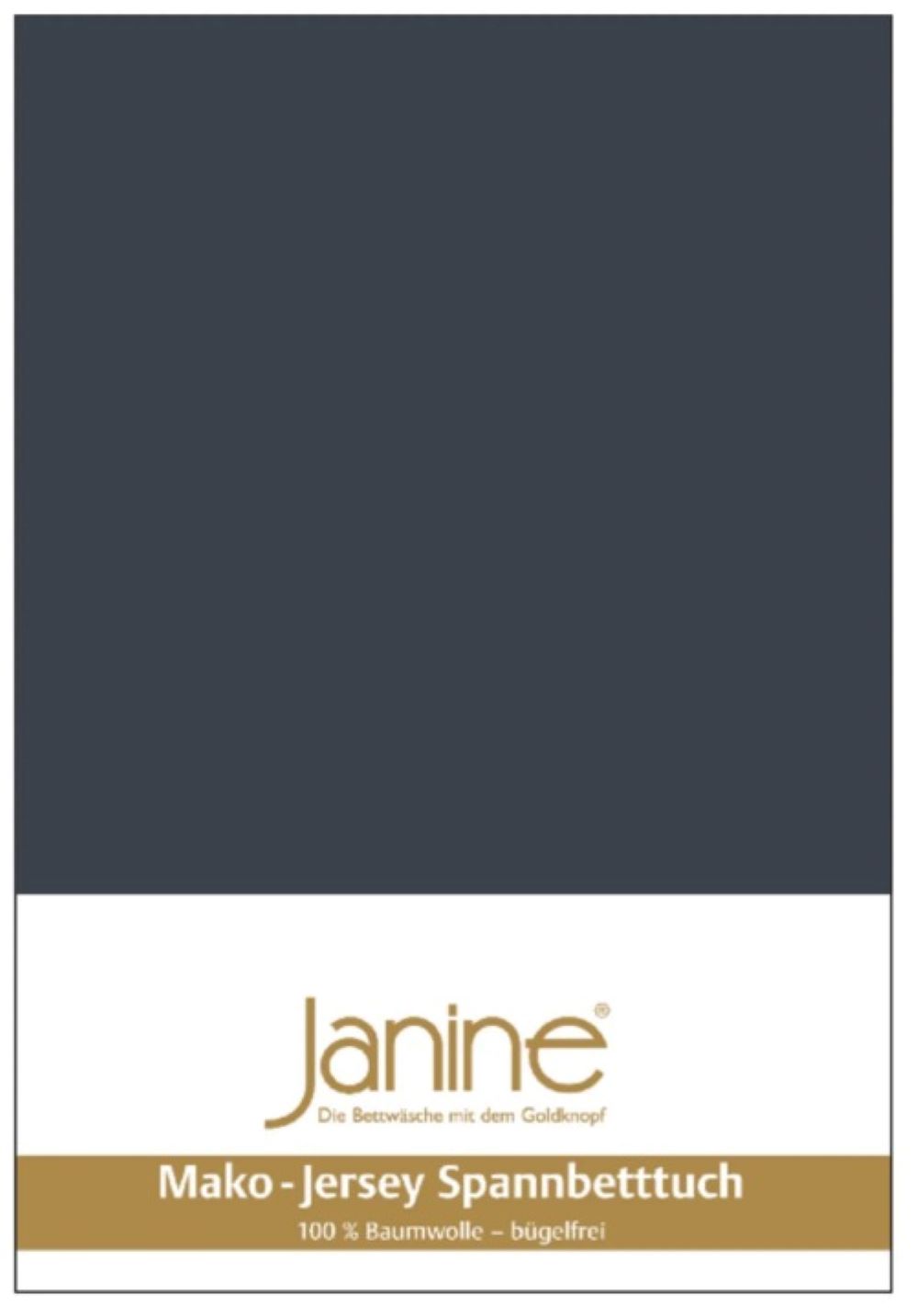 Titanes Feinjersey-Spannbetttuch in weiß-goldener Verpackung mit goldener Janine-Aufschrift  frontal fotografiert
