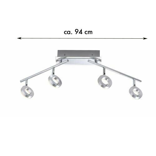 Technische Zeichnung der LED-Deckenleuchte mit vier Spots und Maßangabe von ca. 94 cm Breite