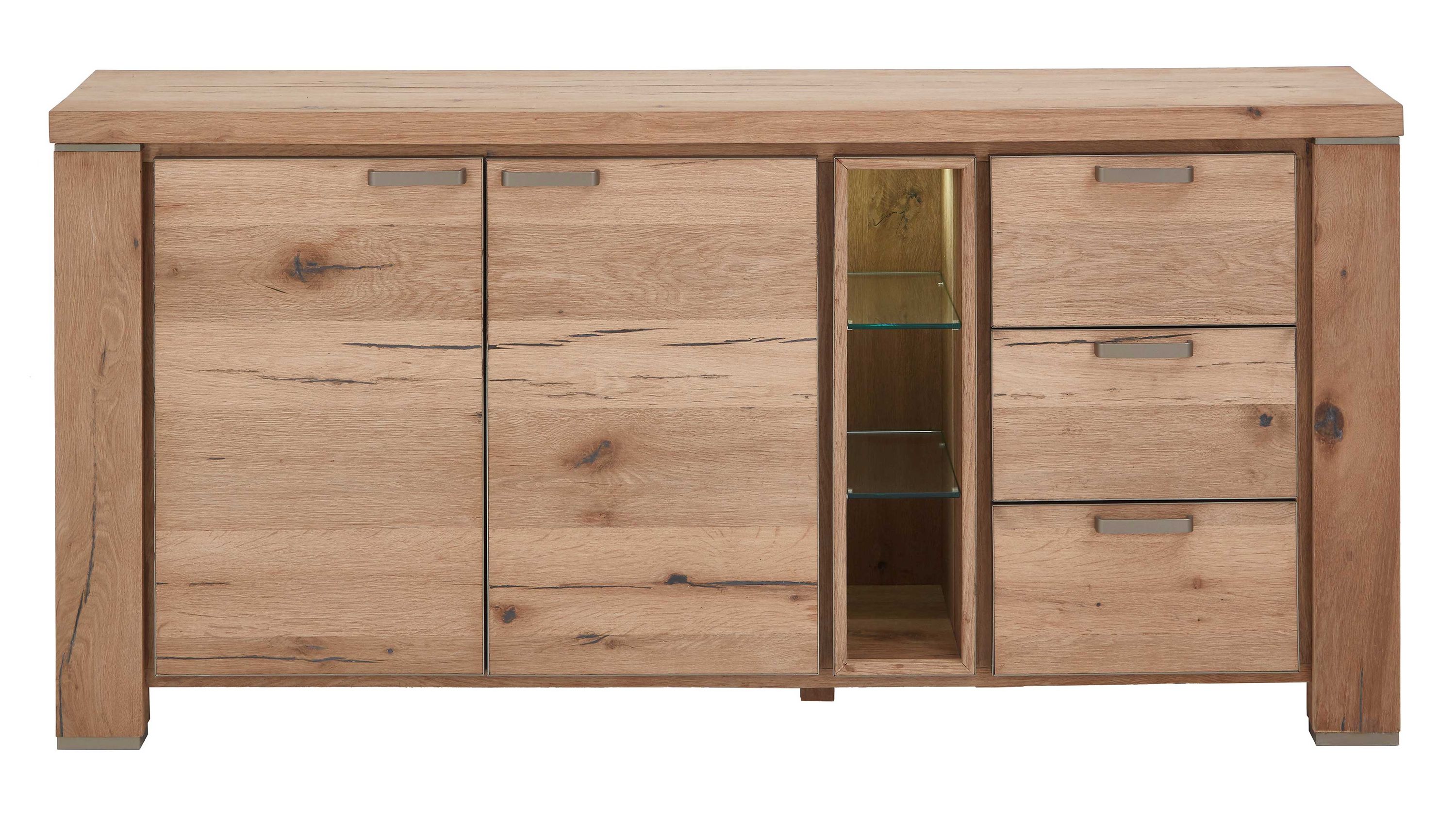 Sideboard mit zwei Türen drei Schubladen und Glasfach in braunem Holzdekor