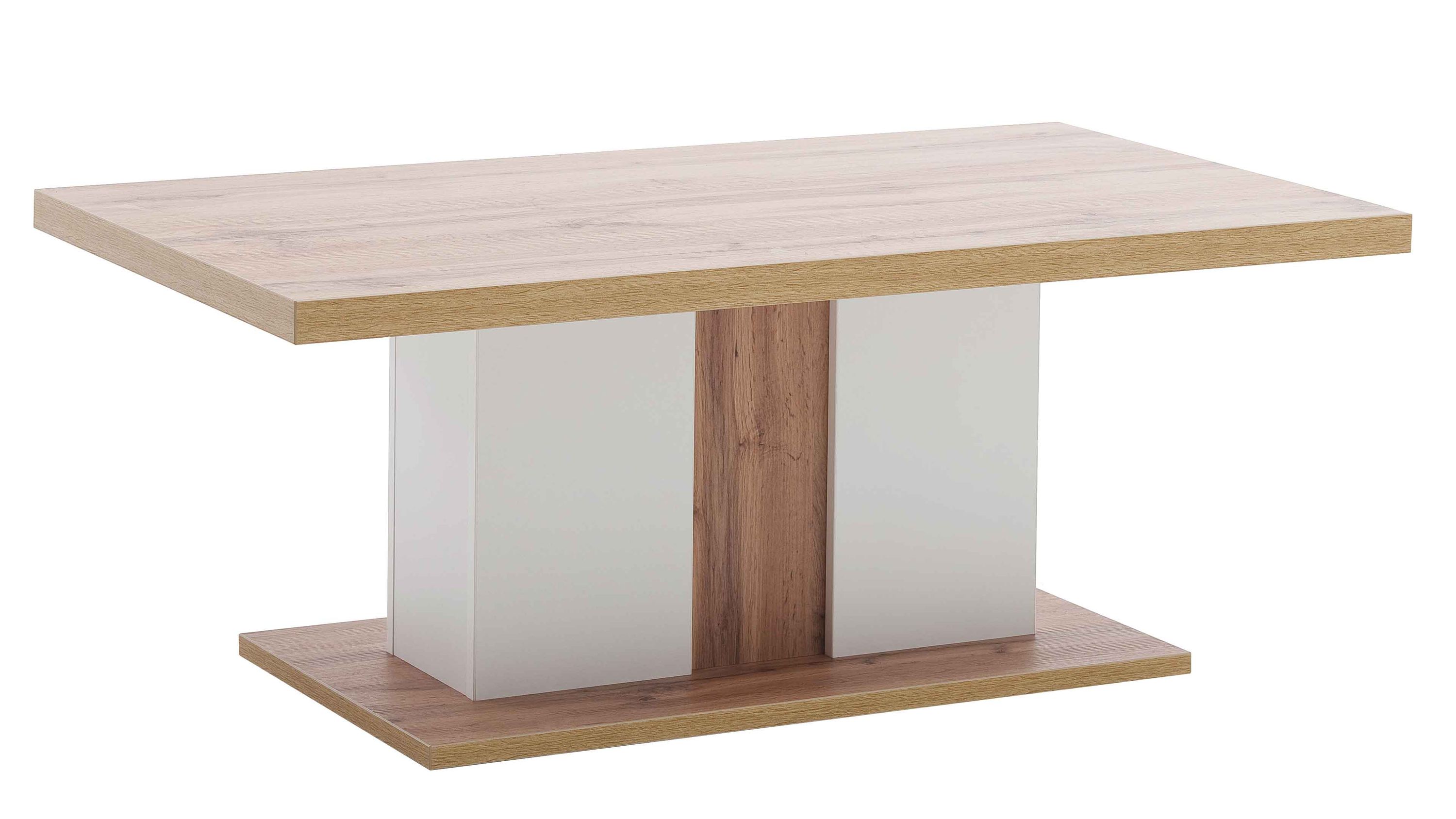 Rechteckiger Couchtisch mit Holzoptik und weißen Stützen Rechteckiger Couchtisch mit Tischplatte und Bodenplatte in Holzoptik und zwei weißen rechteckigen Stützen