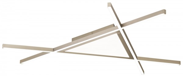 Deckenleuchte, Chrom/Weiß, dreieckig Dreieckige Deckenleuchte mit abgerundeten Ecken aus Chrom und weißem Kunststoff  frontal vor neutralem Hintergrund