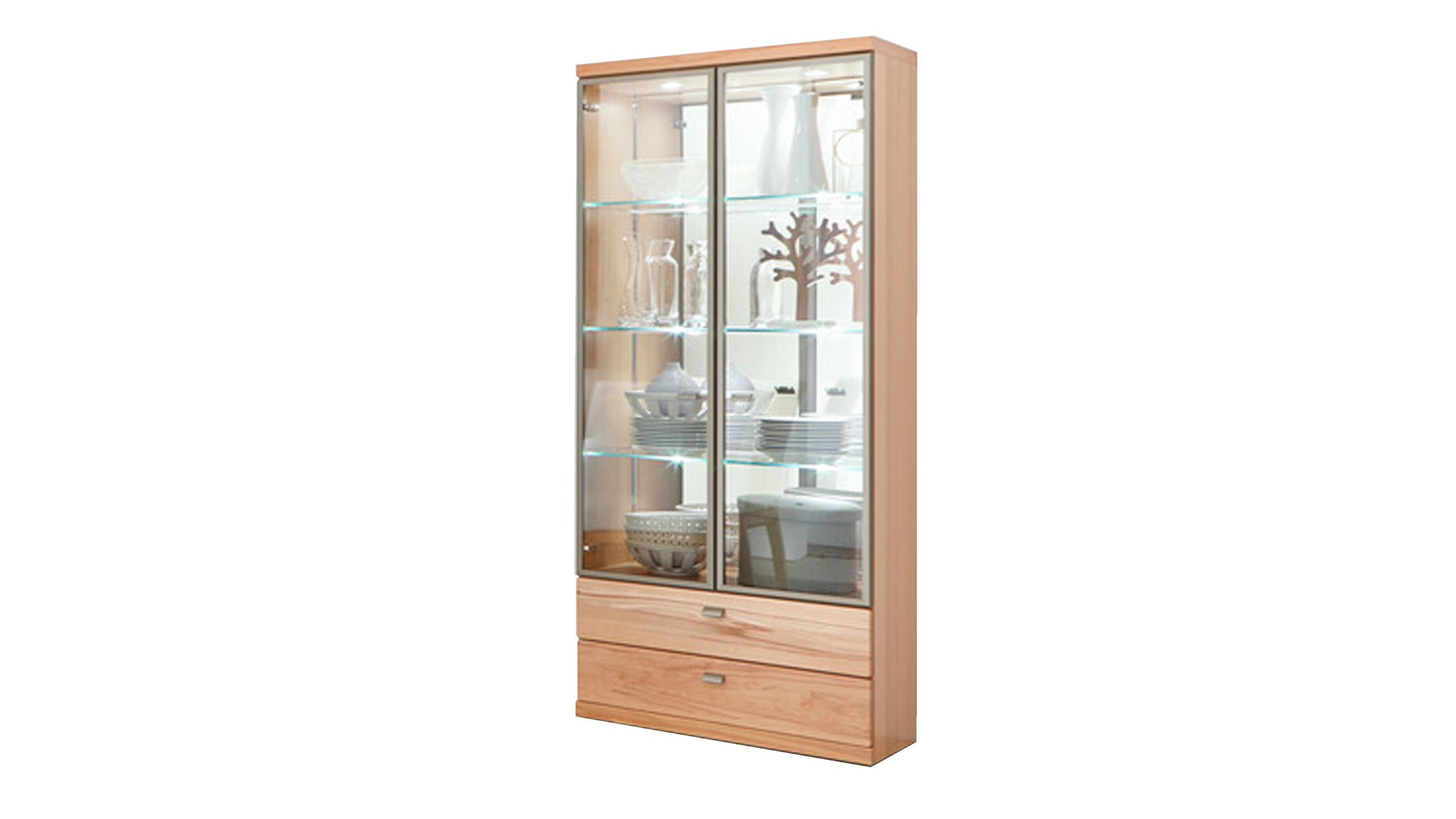 Vitrinenschrank mit zwei Glastüren zwei Schubladen und Holzrahmen in heller Farbe