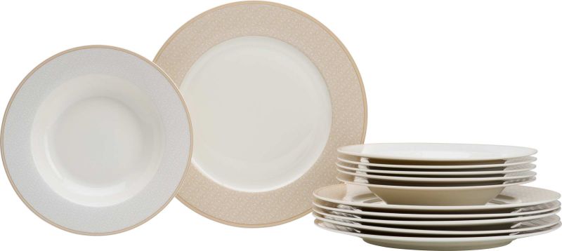Rundes Tafel-Set mit flachen und tiefen Tellern in weiß mit beigem Rand