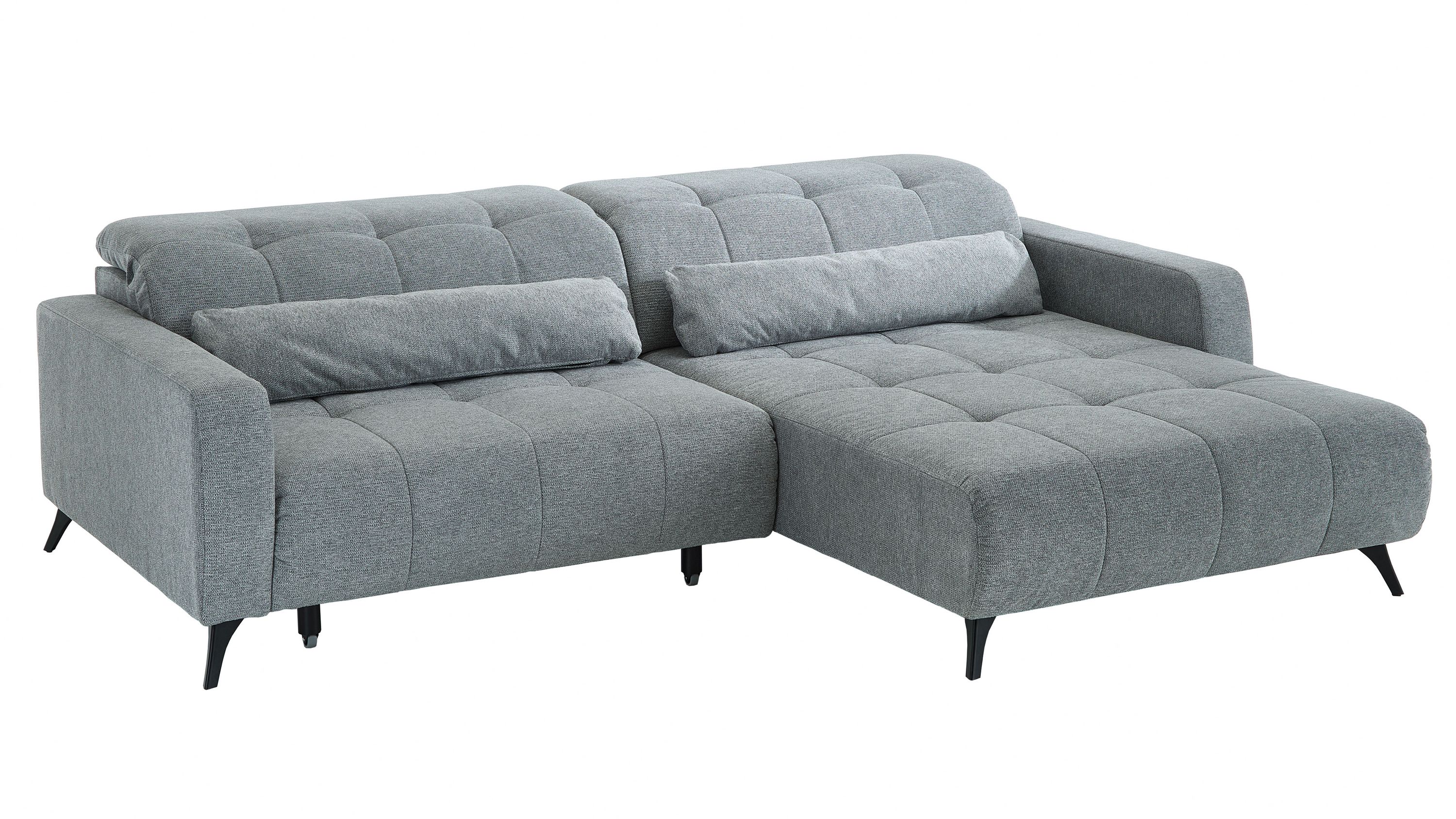 Hellgraues Ecksofa mit gepolsterten Armlehnen und Rückenlehnen rechteckige Sitzfläche mit Steppnähten