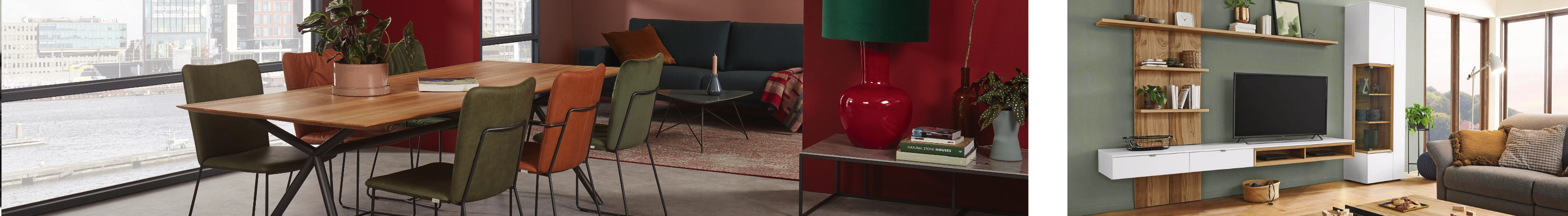 Modernes Esszimmer mit Holztisch und Polsterstühlen in Grün und Orange, daneben Wohnzimmer mit TV-Wand in Holz-Weiß.
