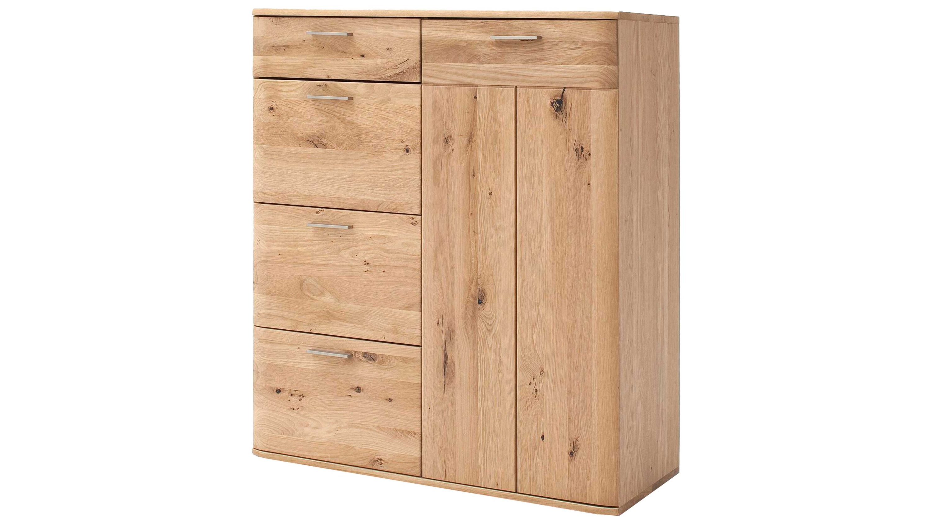 Kombikommode mit Tür und Schubladen in Balkeneiche Kombikommode mit einer Tür und vier Schubladen in biancofarbener Balkeneiche mit Metallgriffen
