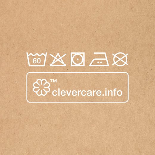 Wasch-, Bleich-, Trocken-, Bügel- und Reinigungs-Symbole auf braunem Hintergrund, unten „clevercare.info“