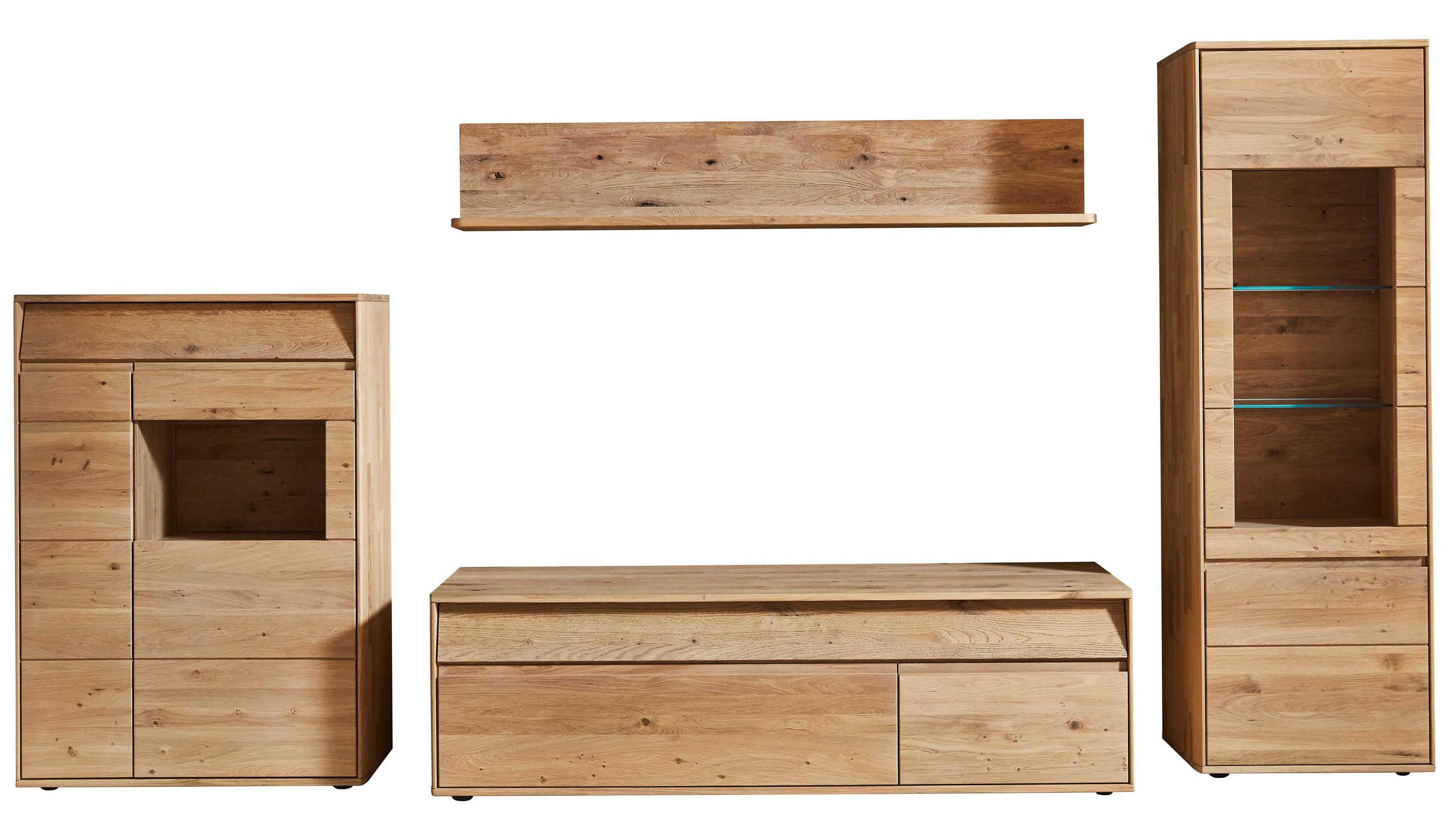 Vierteilige Wohnkombination aus biancofarbener Wildeiche mit Schrank Vitrine Lowboard und Wandregal